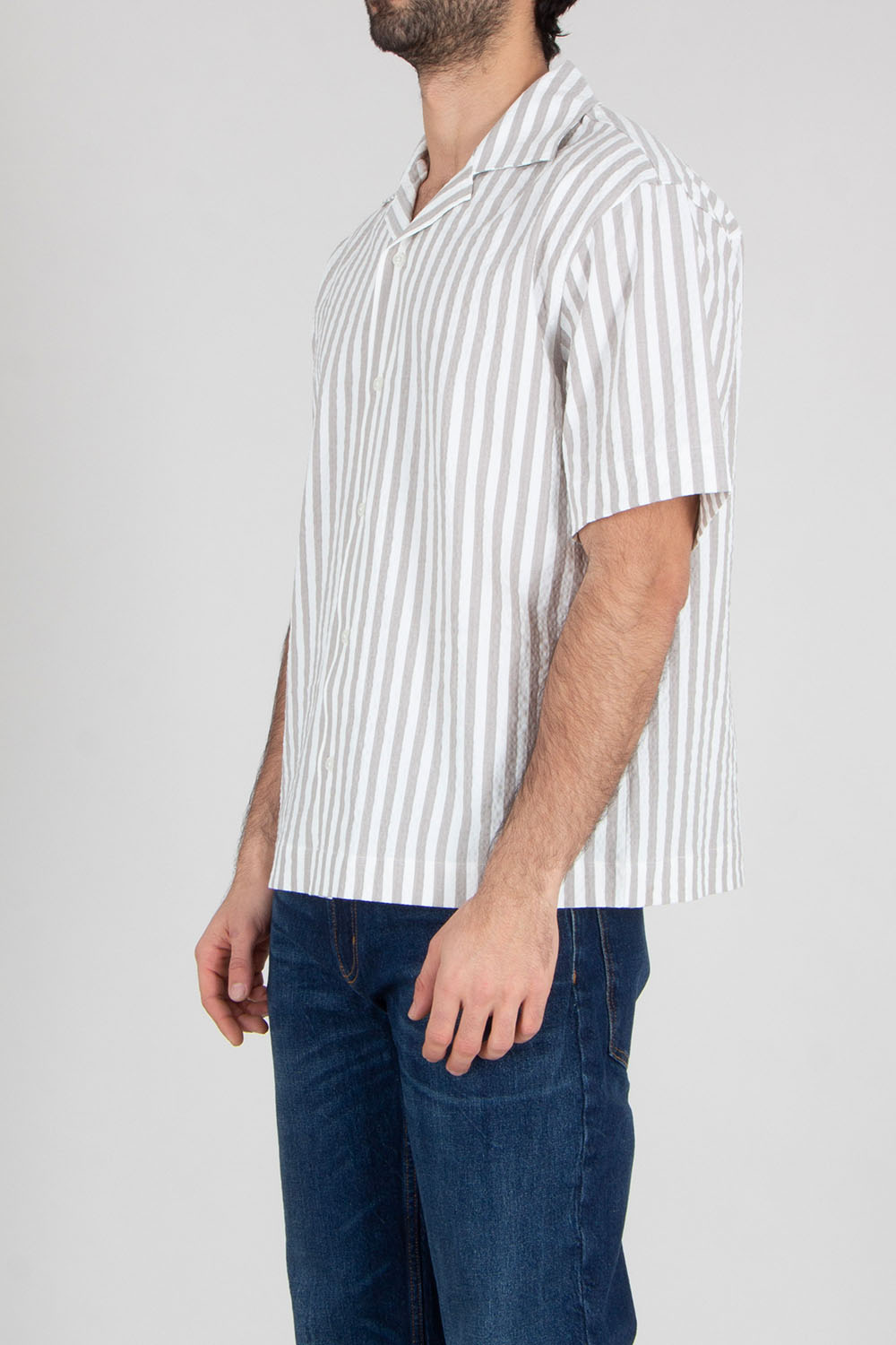 HUGO Boxy Fit Striped Cotton Stretch Seersucker Short-Sleeve Shirt Espino