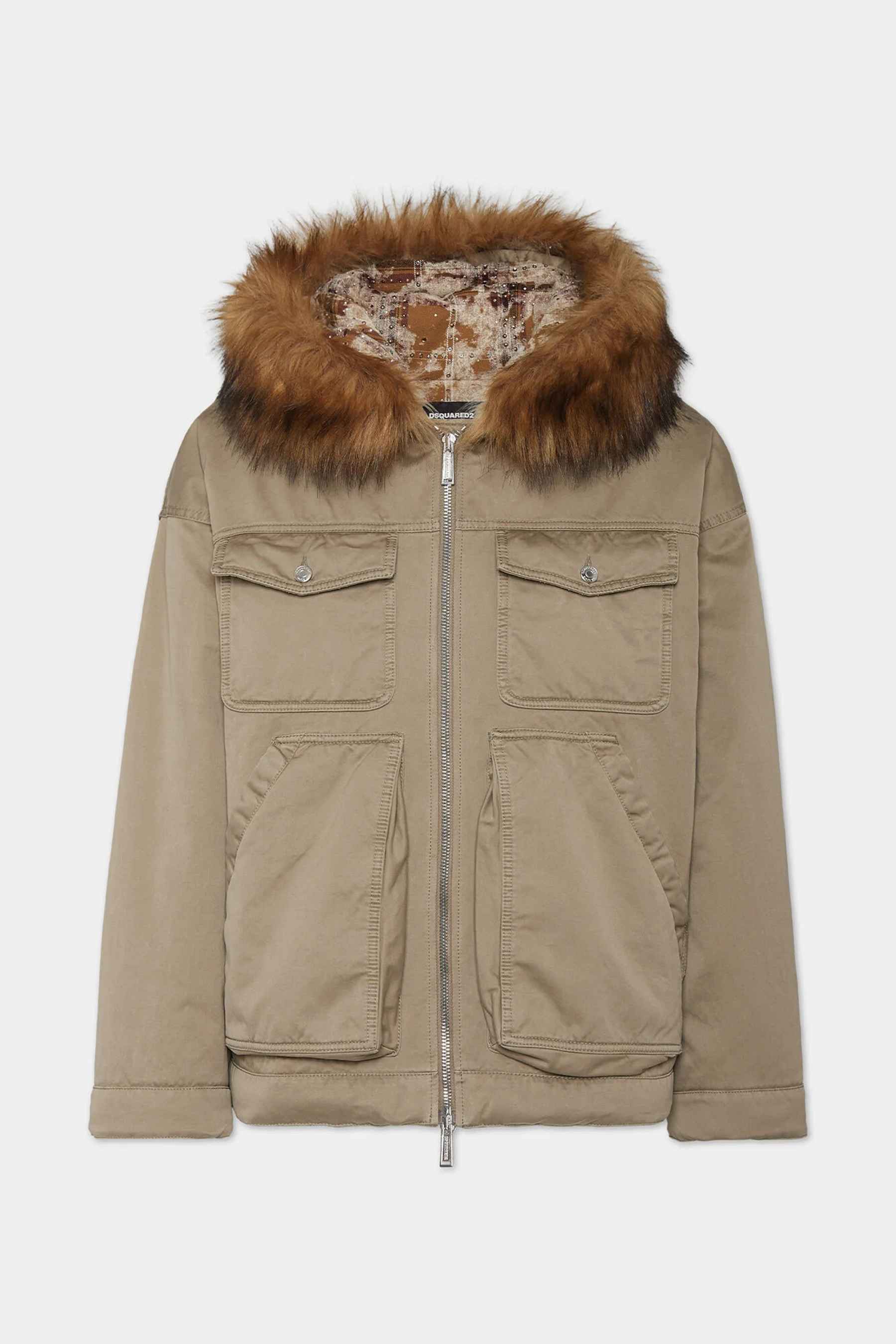 DSQUARED2 Relaxed Fit Faux Fur Trim Cotton Winter Party Kaban Bekleidung, Mantel, Jacke