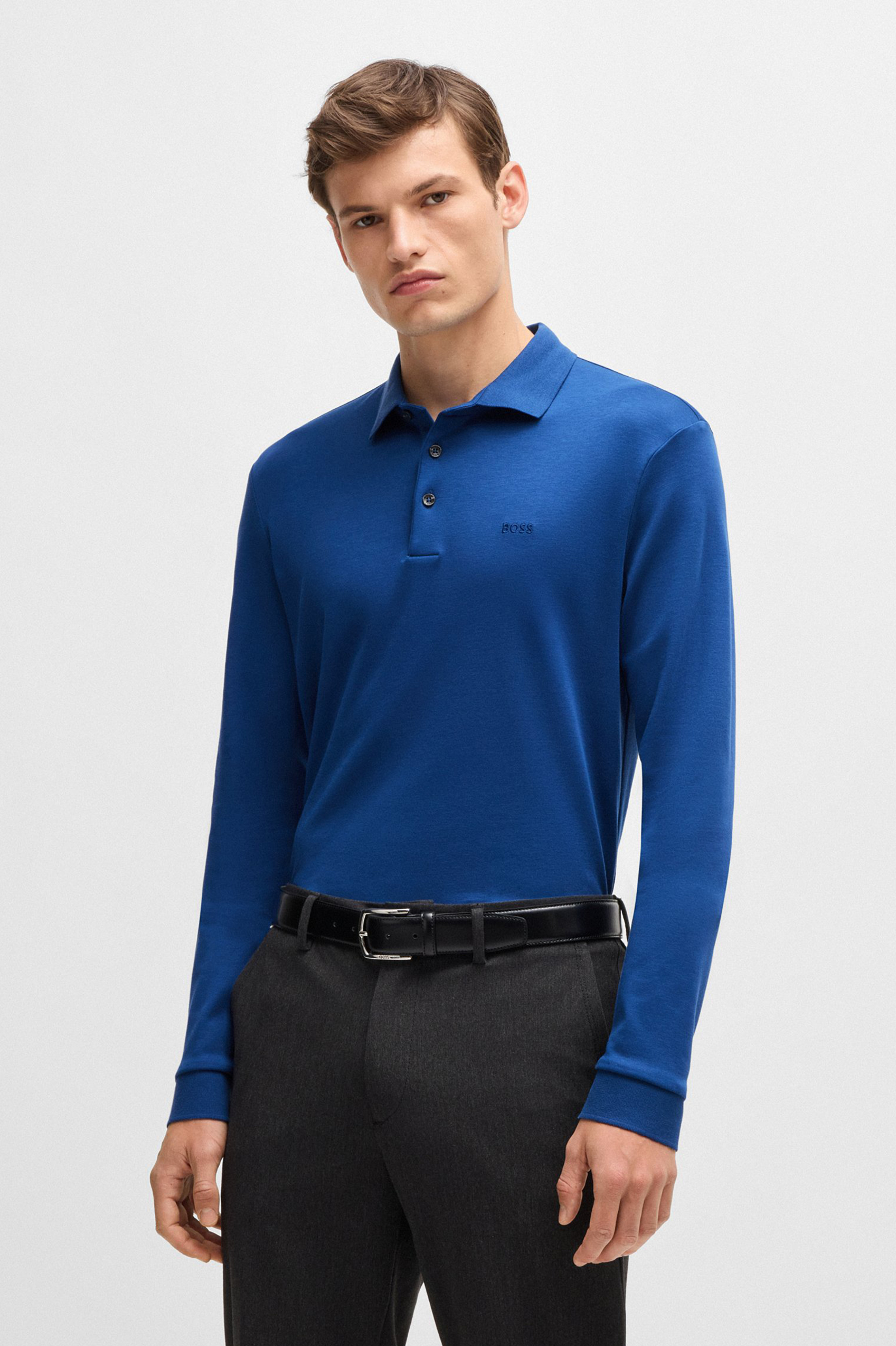 BOSS Regular Fit Embroidered Interlock-Cotton Long-Sleeve Polo Shirt Pado