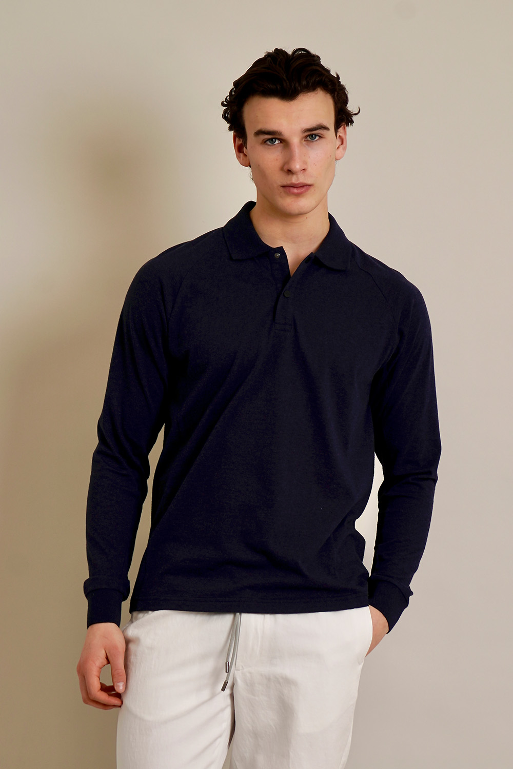 SEASE Regular Fit Cotton-Cashmere Jersey Long-Sleeve Polo Shirt