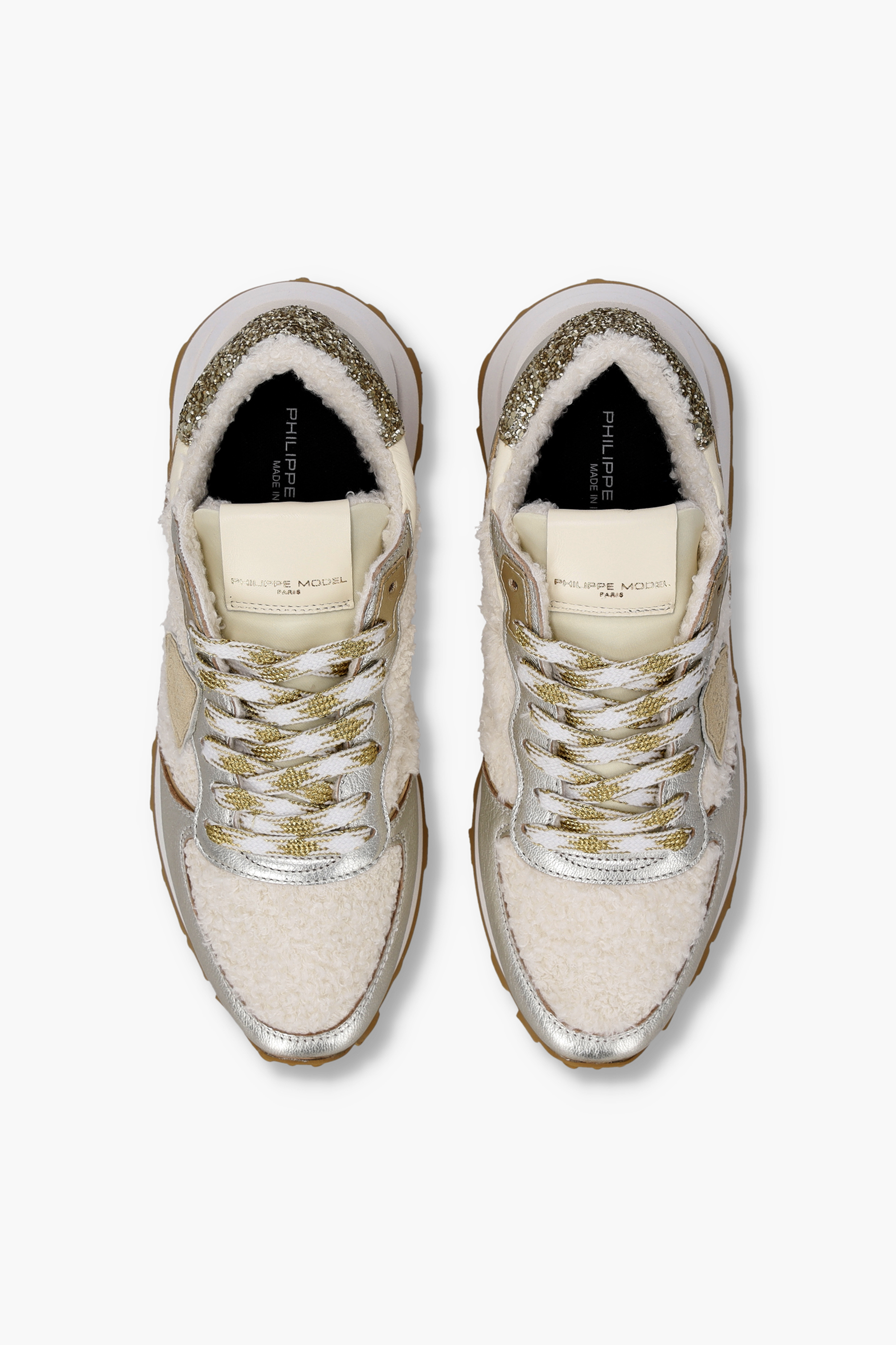 PHILIPPE MODEL Faux Fur & Metallic Leather Sneakers Tropez Haute Low Bekleidung, Schuhwerk, Schuh, Sneaker