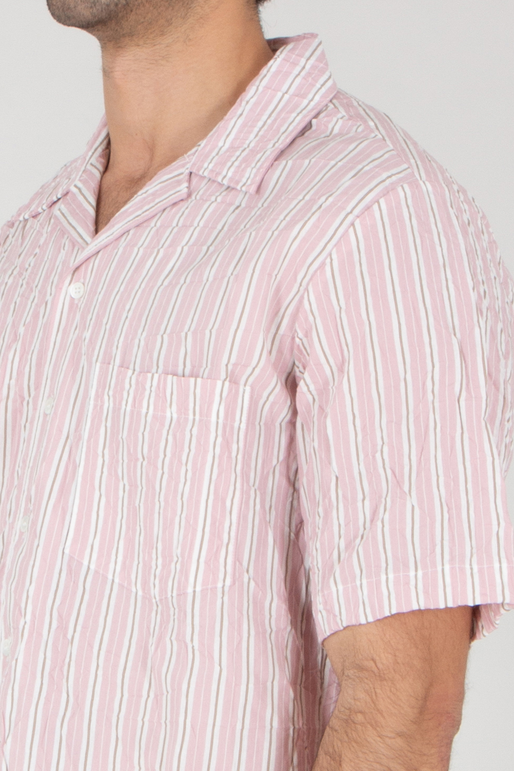 ROBERTO COLLINA Boxy Fit Striped Wrinkle Effect Viscose Blend Short-Sleeve Shirt