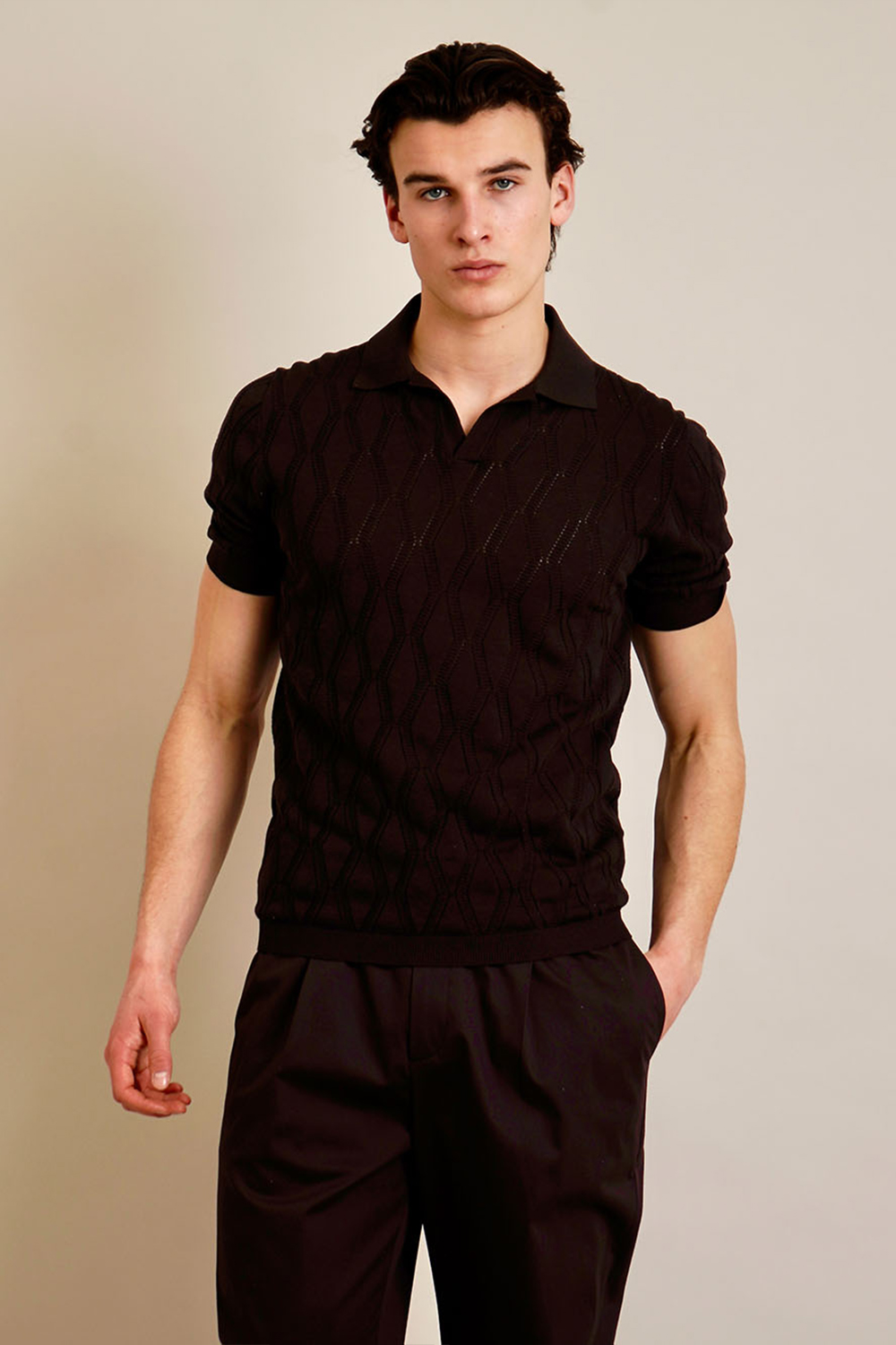 AGNONA Regular Fit Lace Pattern Cotton-Silk Blend Knit Polo