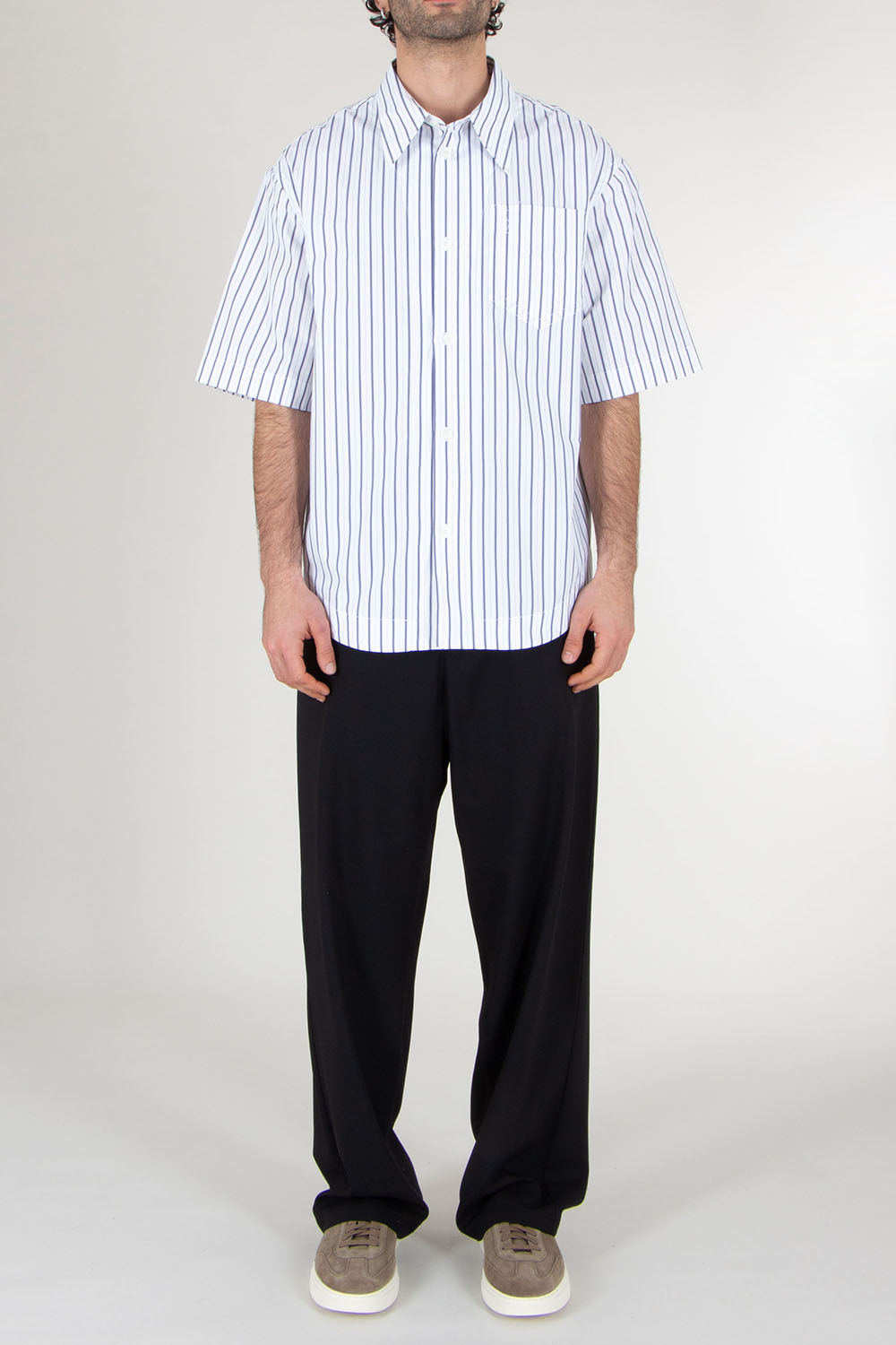 AMI PARIS Oversized Short Sleeve Striped Cotton Shirt 