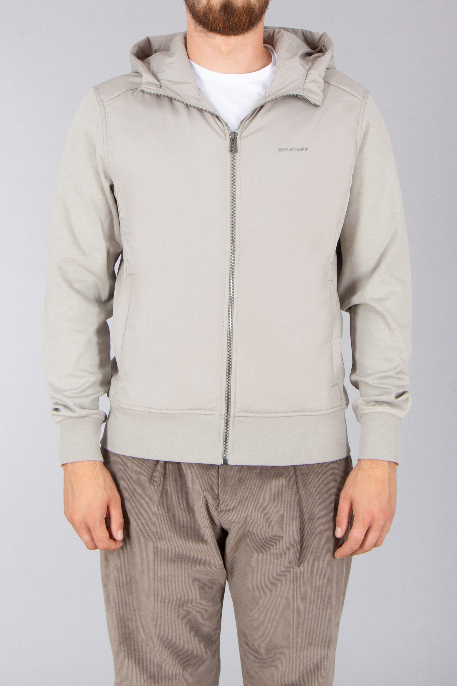 BELSTAFF Regular Fit Interlock Cotton Jersey & Technical Fabric Zip-Up Hoodie Alloy
