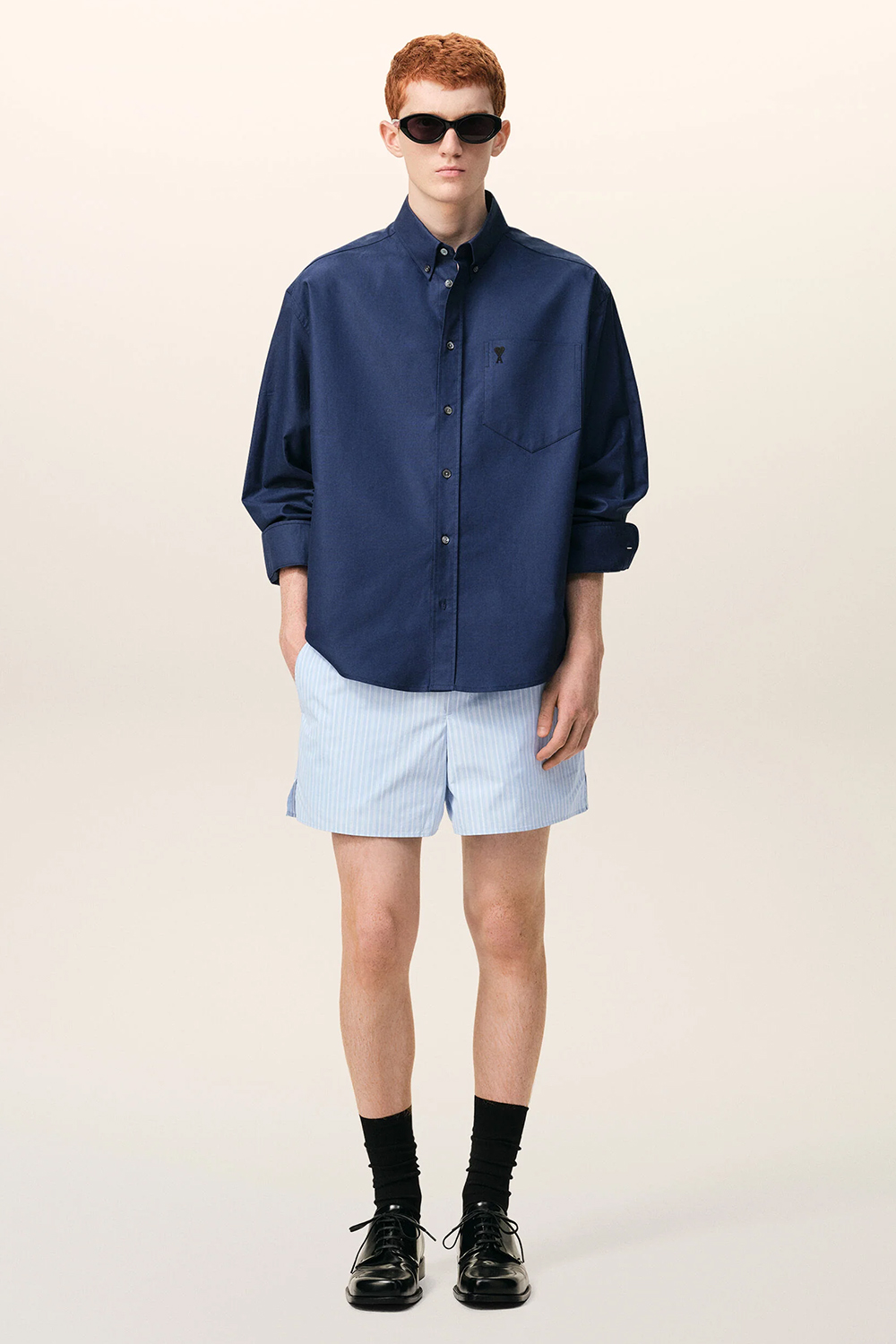 AMI PARIS Relaxed Fit Striped Cotton Poplin Shorts