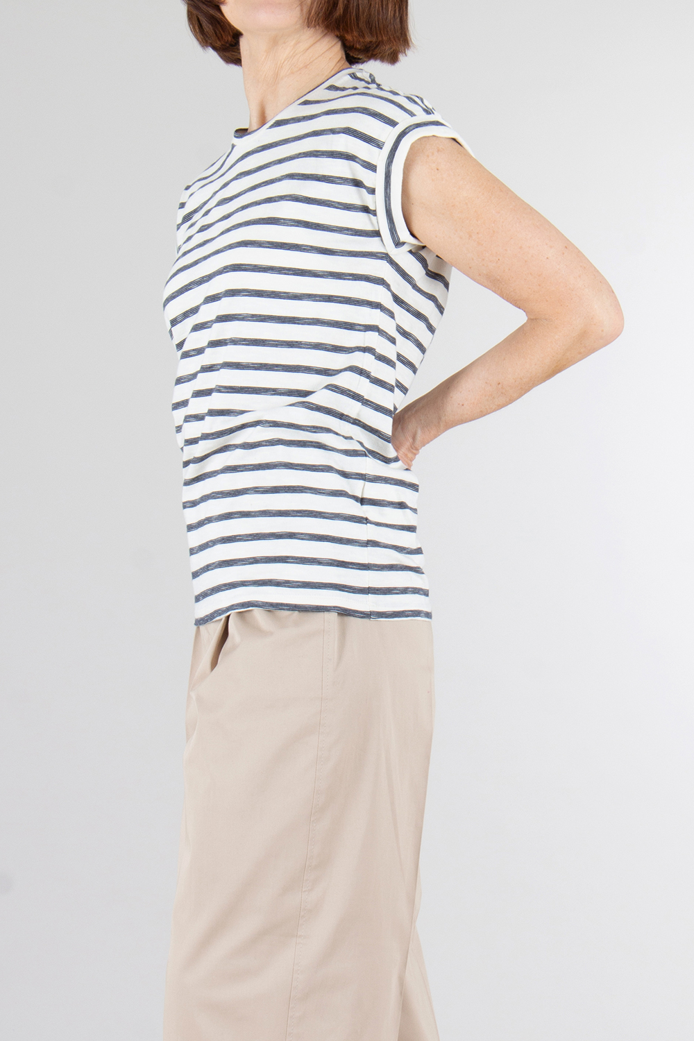 0039 ITALY Striped Cap Sleeve Cotton T-shirt Tisha