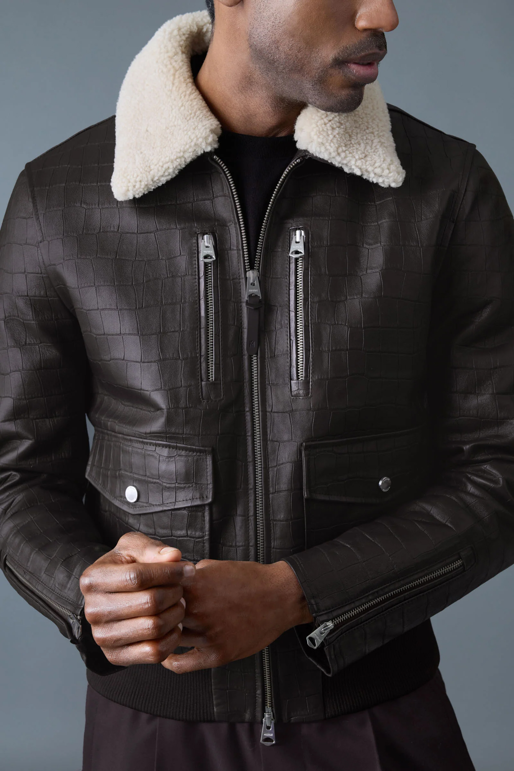 MACKAGE Regular Fit Shearling Trim Croc-Embossed Leather Jacket Chance-NV Bekleidung, Mantel, Jacke