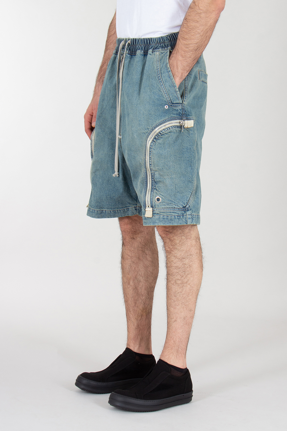 RICK OWENS DRKSHDW Wide Leg Washed Denim Zipped Shorts Bauhaus Pods