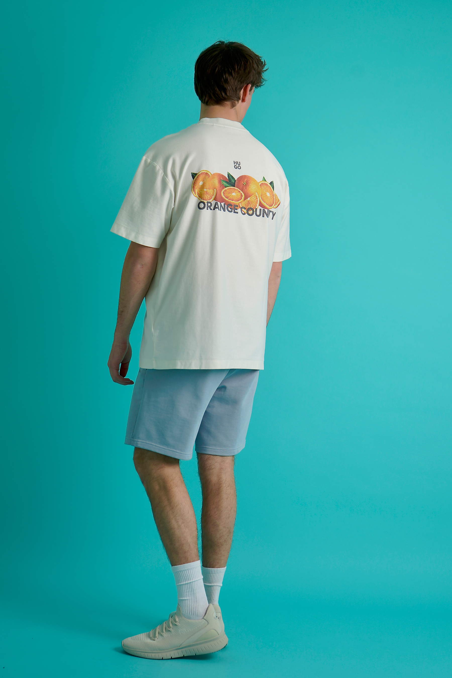 HUGO Oversized Fit Orange Print Cotton Jersey T-Shirt Dartiee T-shirt, Kurze Hosen, Person, Strandmode, Stehend