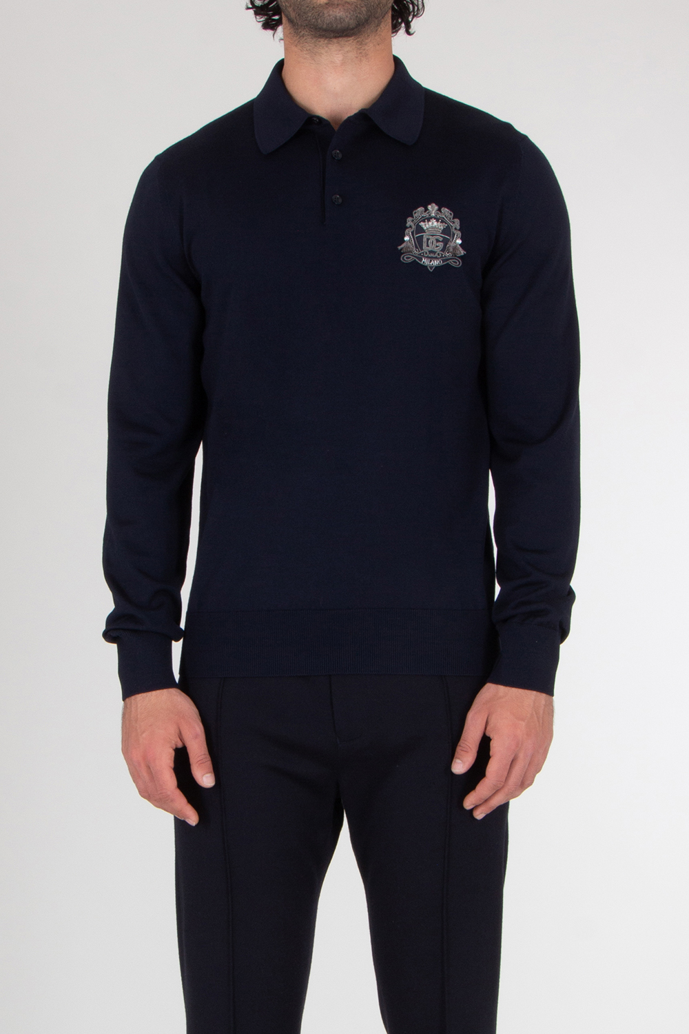 DOLCE & GABBANA Regular Fit Long Sleeve Embroidered Virgin Wool Polo Shirt