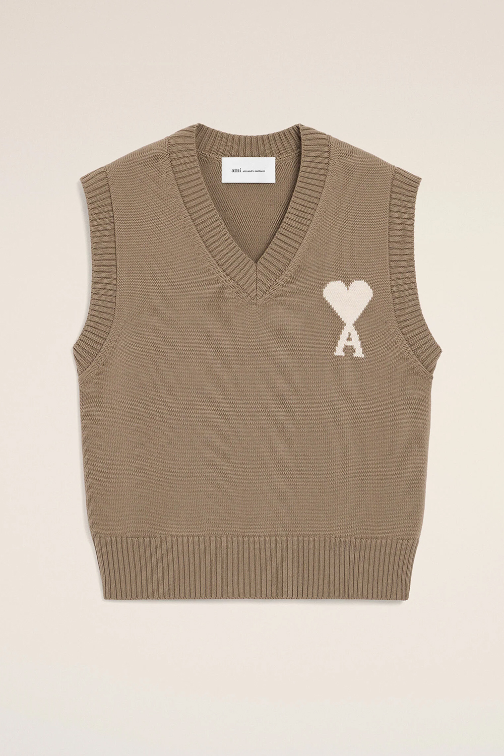 AMI PARIS Relaxed Fit Ami De Coeur Virgin Wool-Cotton Blend Sleeveless V-Neck Sweater