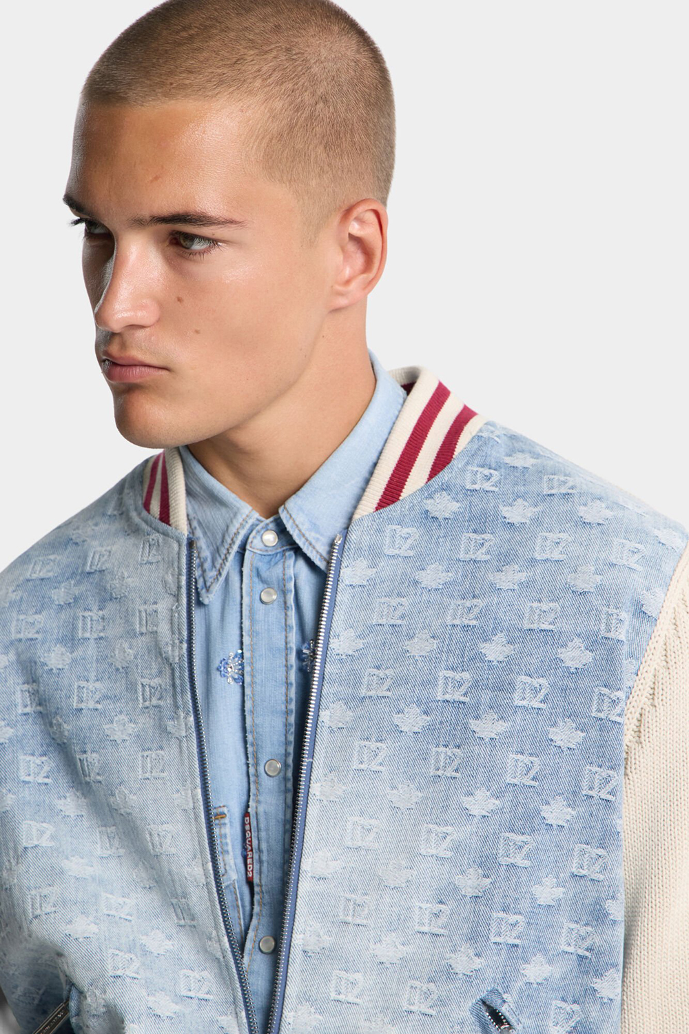 DSQUARED2 Regular Fit Knit Cotton & Monogrammed Denim Bomber Jacket