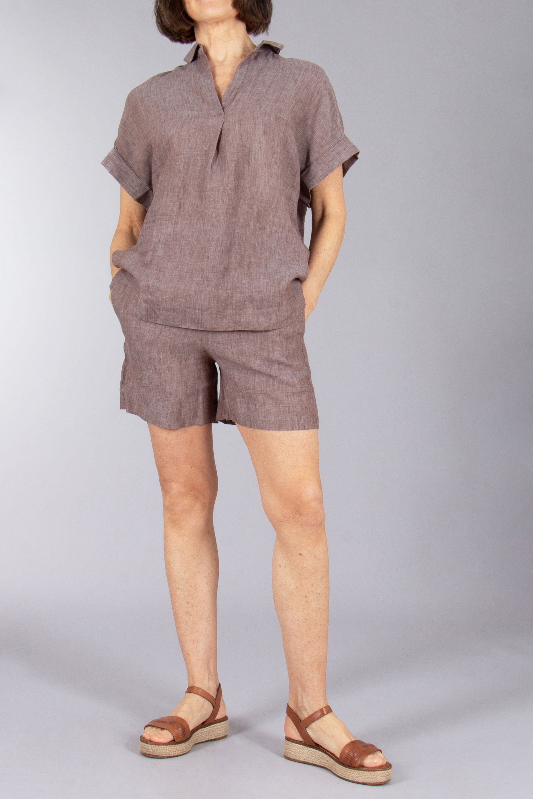 0039 ITALY Casual Fit Linen Short-Sleeve Blouse Derry KA Sandale, Leinen, Kleid, Bluse, Kurze Hosen