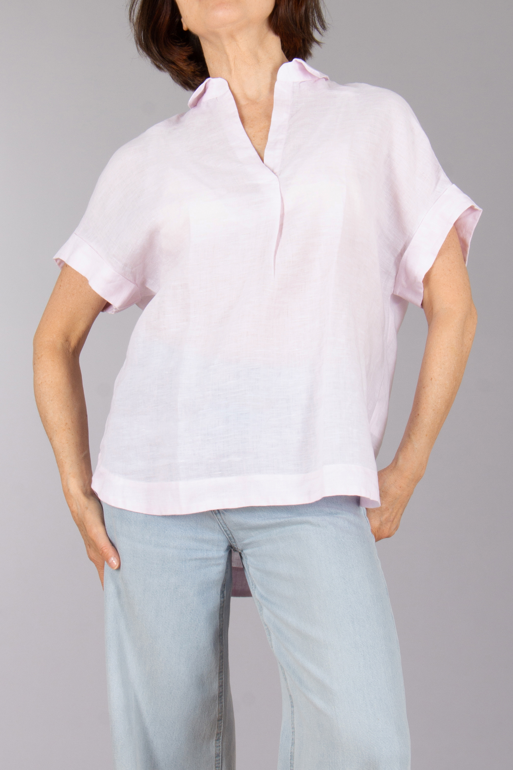 0039 ITALY Casual Fit Linen Short-Sleeve Blouse Derry KA Bluse, Kleidung, Dekoration für Zuhause, Leinen, Person