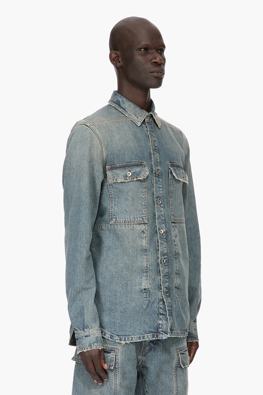 RICK OWENS DRKSHDW Straight Fit Washed Indigo Distressed Cotton Denim Outershirt