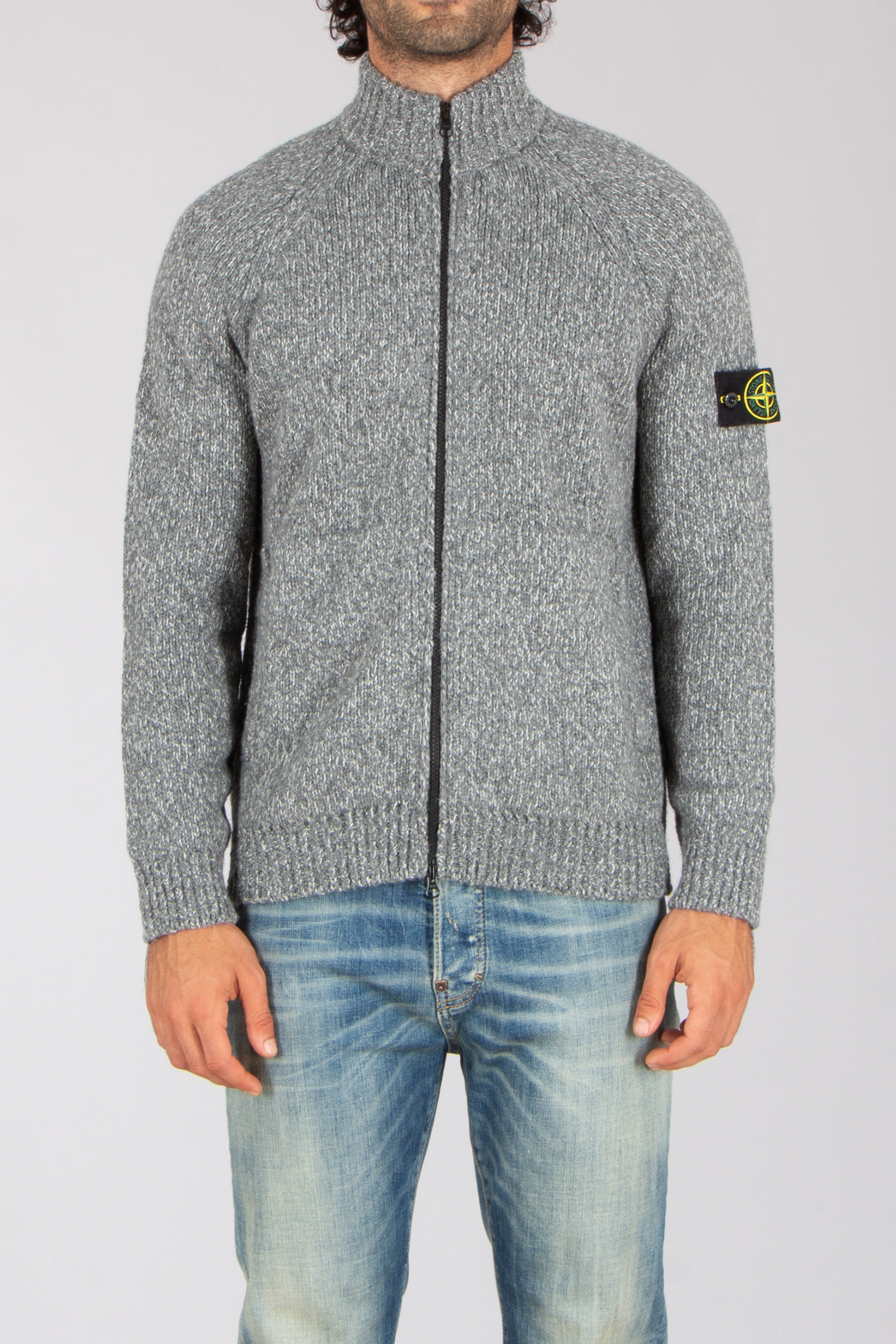 STONE ISLAND Loose Fit Fancy Yarn Mouliné Virgin Wool Blend Zip Cardigan Strickwaren, Pullover, Mantel, Jacke, Jeans