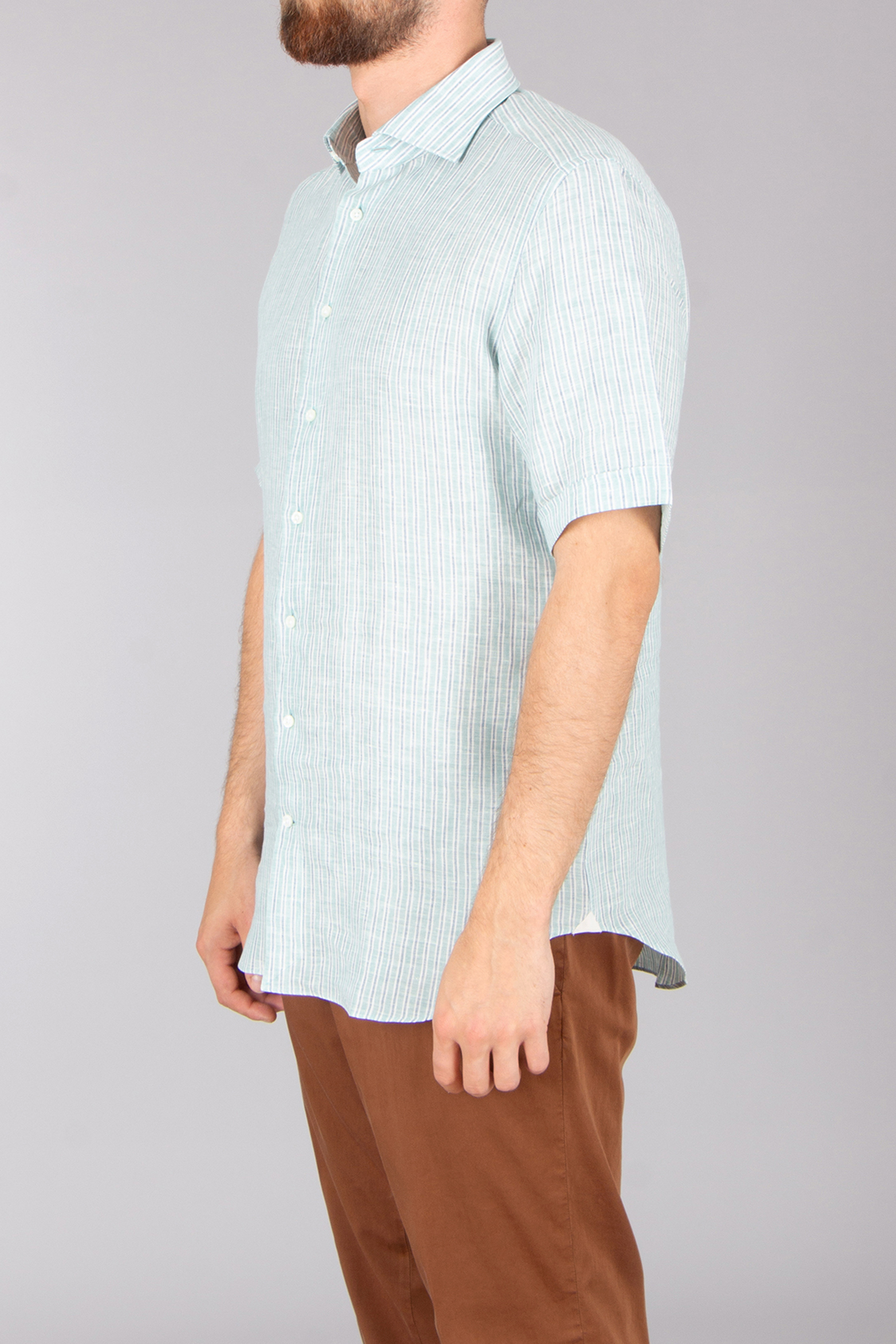 EMANUELE MAFFEIS Regular Fit Striped Linen Short-Sleeve Shirt Eduardo Gladys Bekleidung, Hemd, Dekoration für Zuhause, Leinen, Ärmel