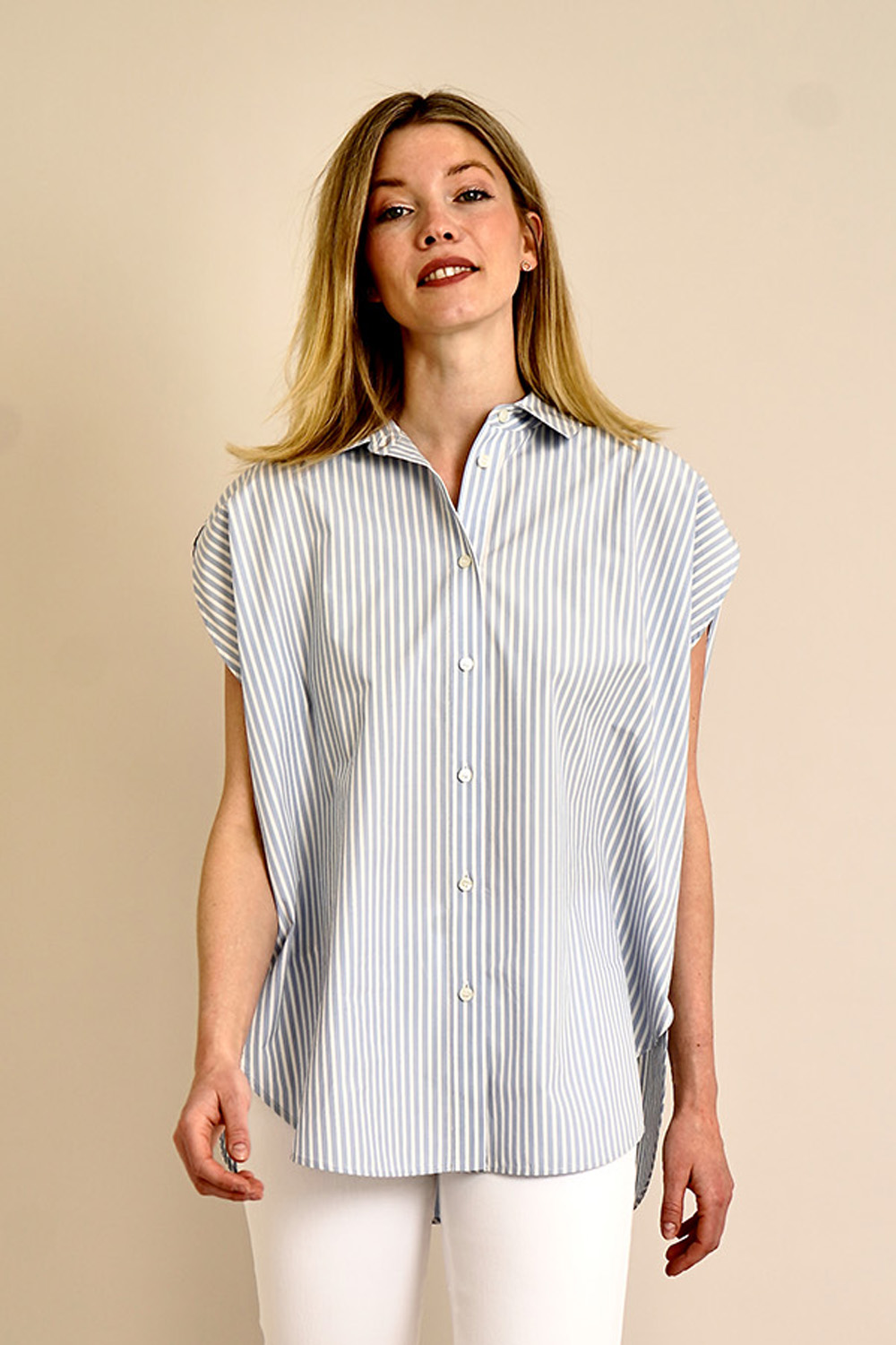WOOLRICH Oversized Sleeveless Striped Cotton Poplin Blouse