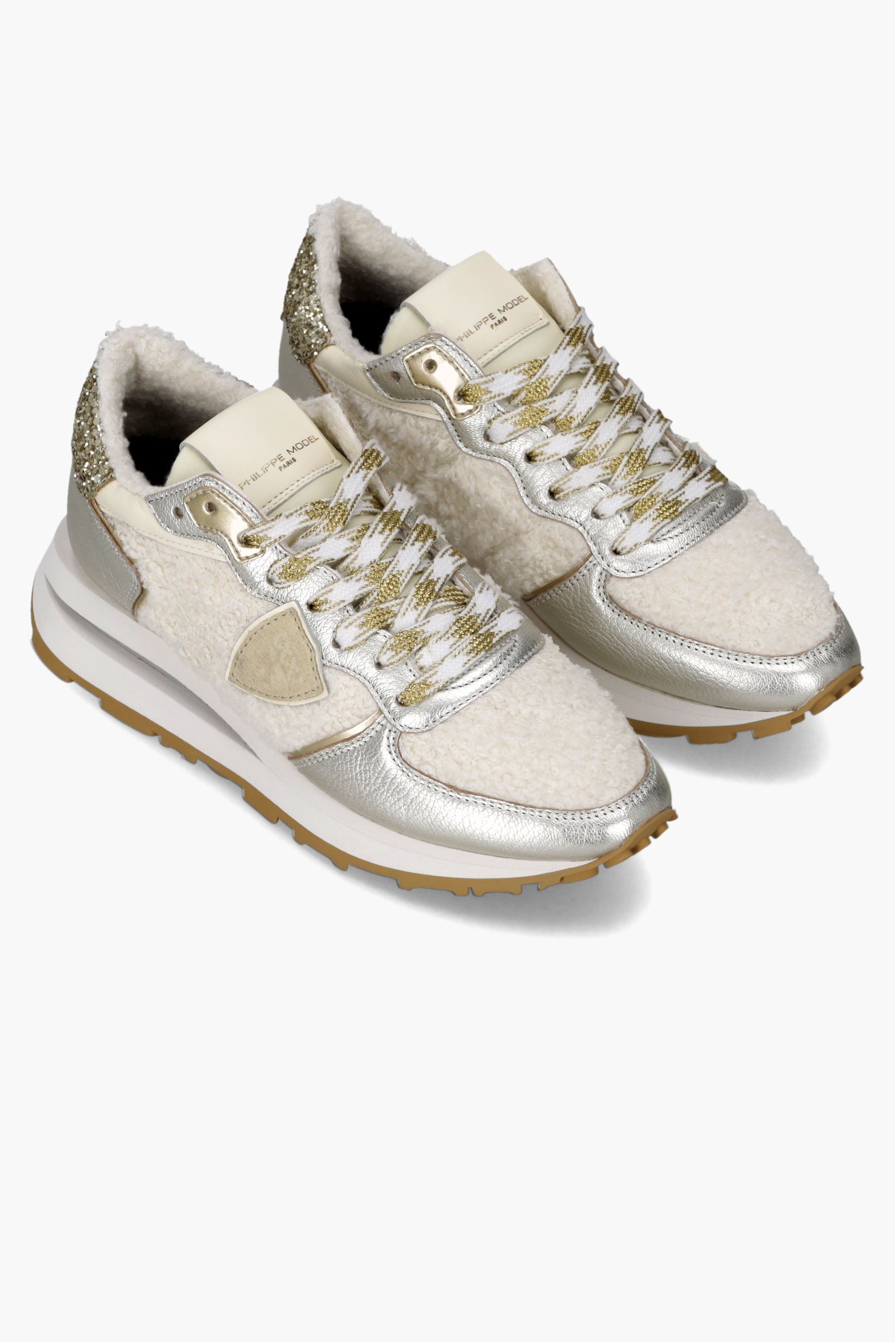 PHILIPPE MODEL Faux Fur & Metallic Leather Sneakers Tropez Haute Low Bekleidung, Schuhwerk, Schuh, Sneaker