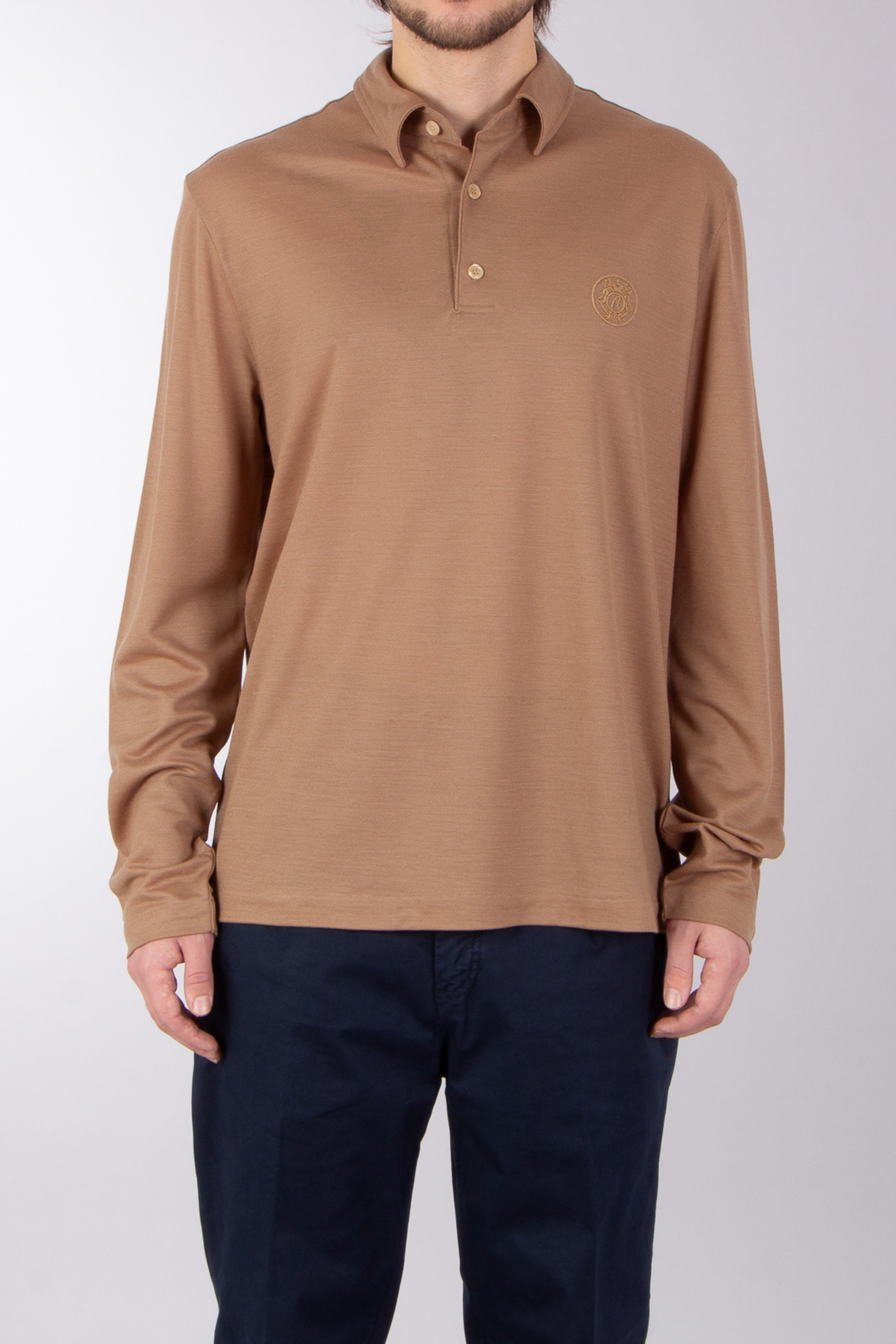 BRIONI Regular Fit Technical Wool Long Sleeve Polo Shirt BRIONI Regular Fit Technical Wool Long Sleeve Polo Shirt