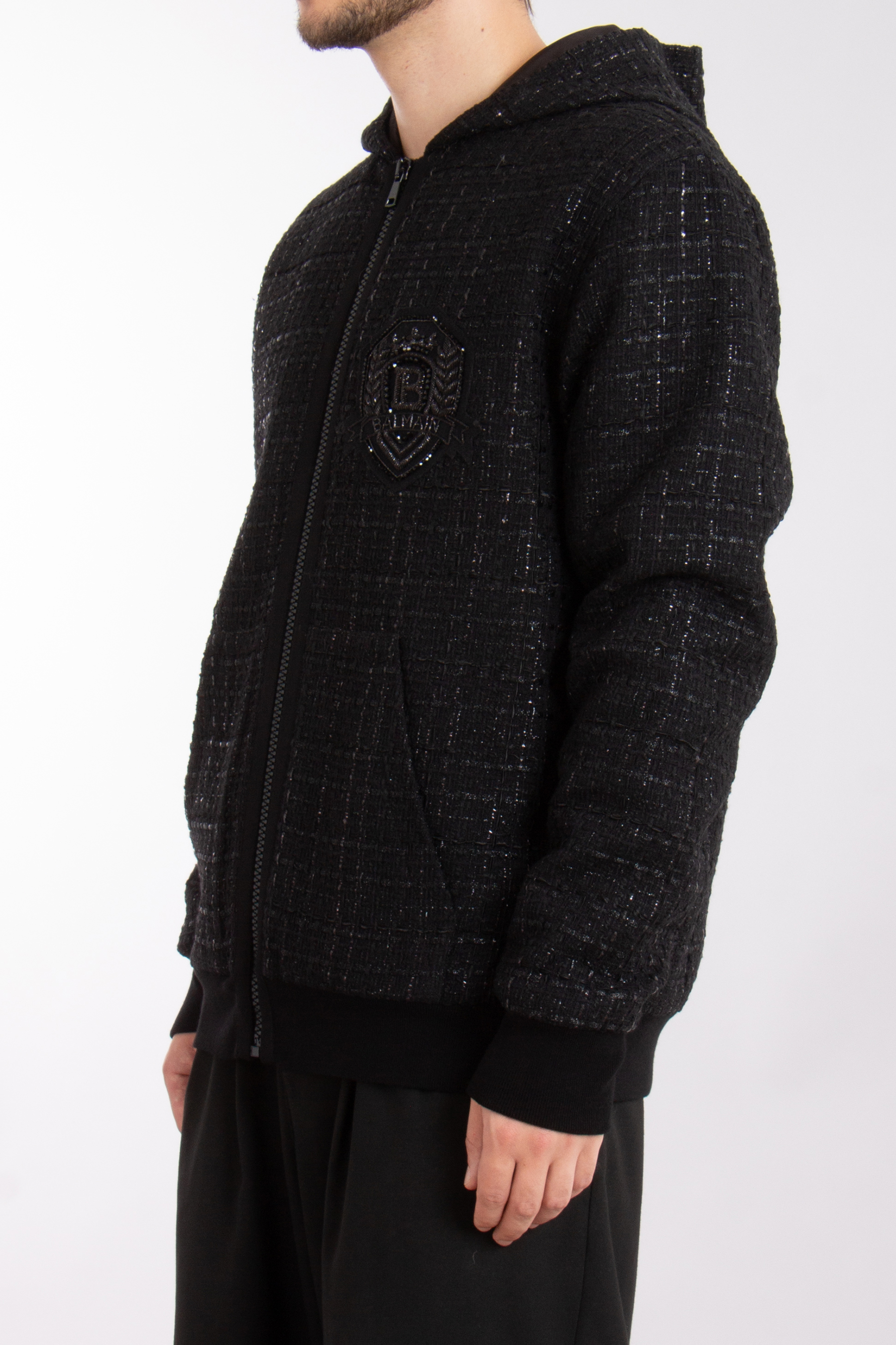 BALMAIN Cotton Blend Tweed Zip-Up Hoodie BALMAIN Cotton Blend Tweed Zip-Up Hoodie
