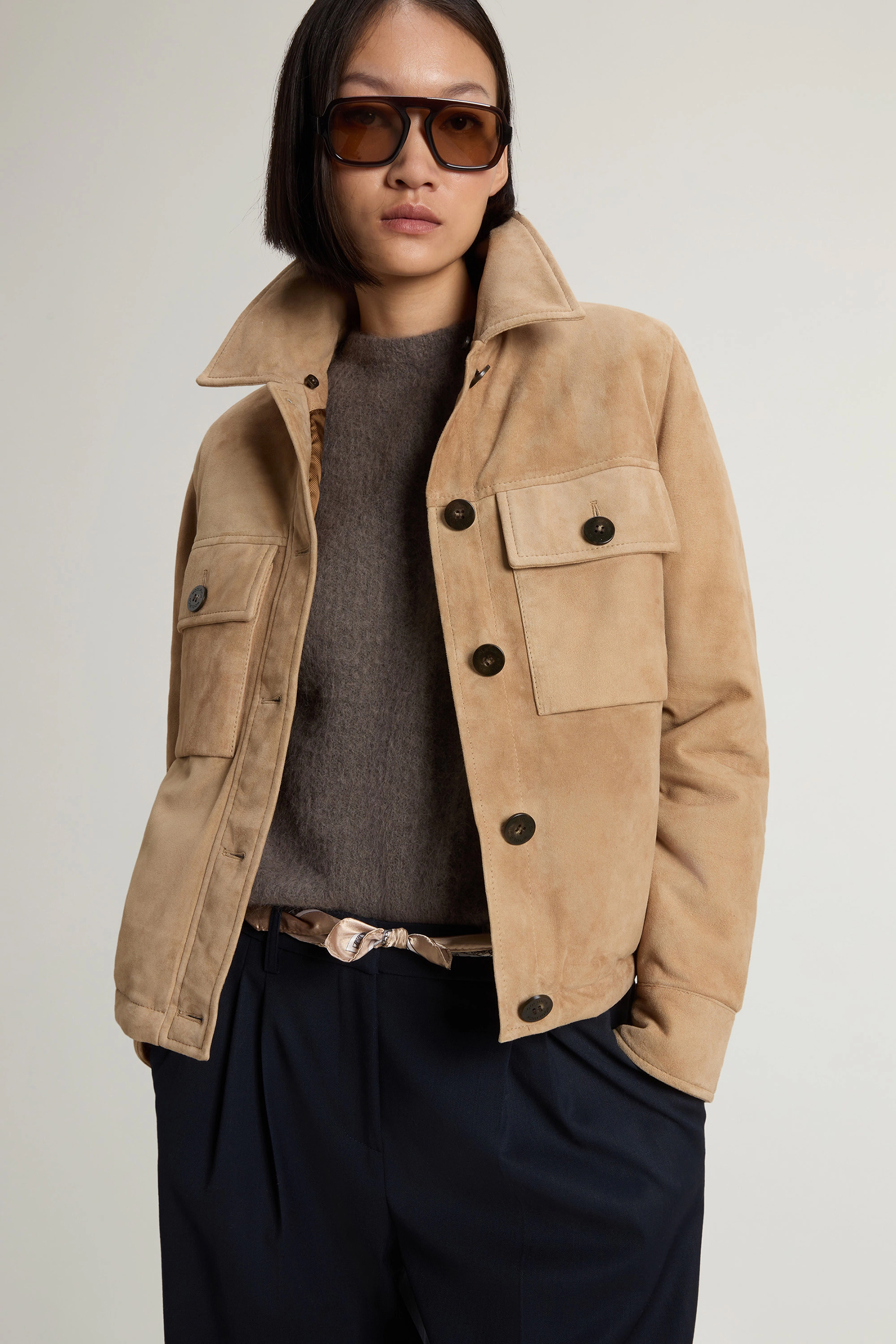 WOOLRICH Regular Fit Shearling Trim Goat Suede Jacket Amber Bekleidung, Mantel, Jacke, Weste