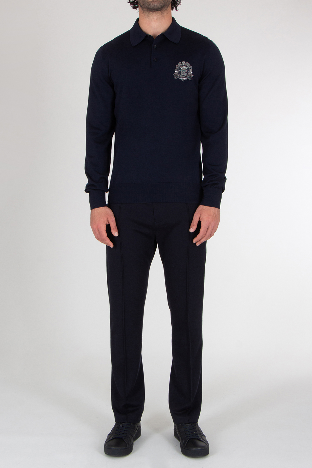 DOLCE & GABBANA Regular Fit Long Sleeve Embroidered Virgin Wool Polo Shirt