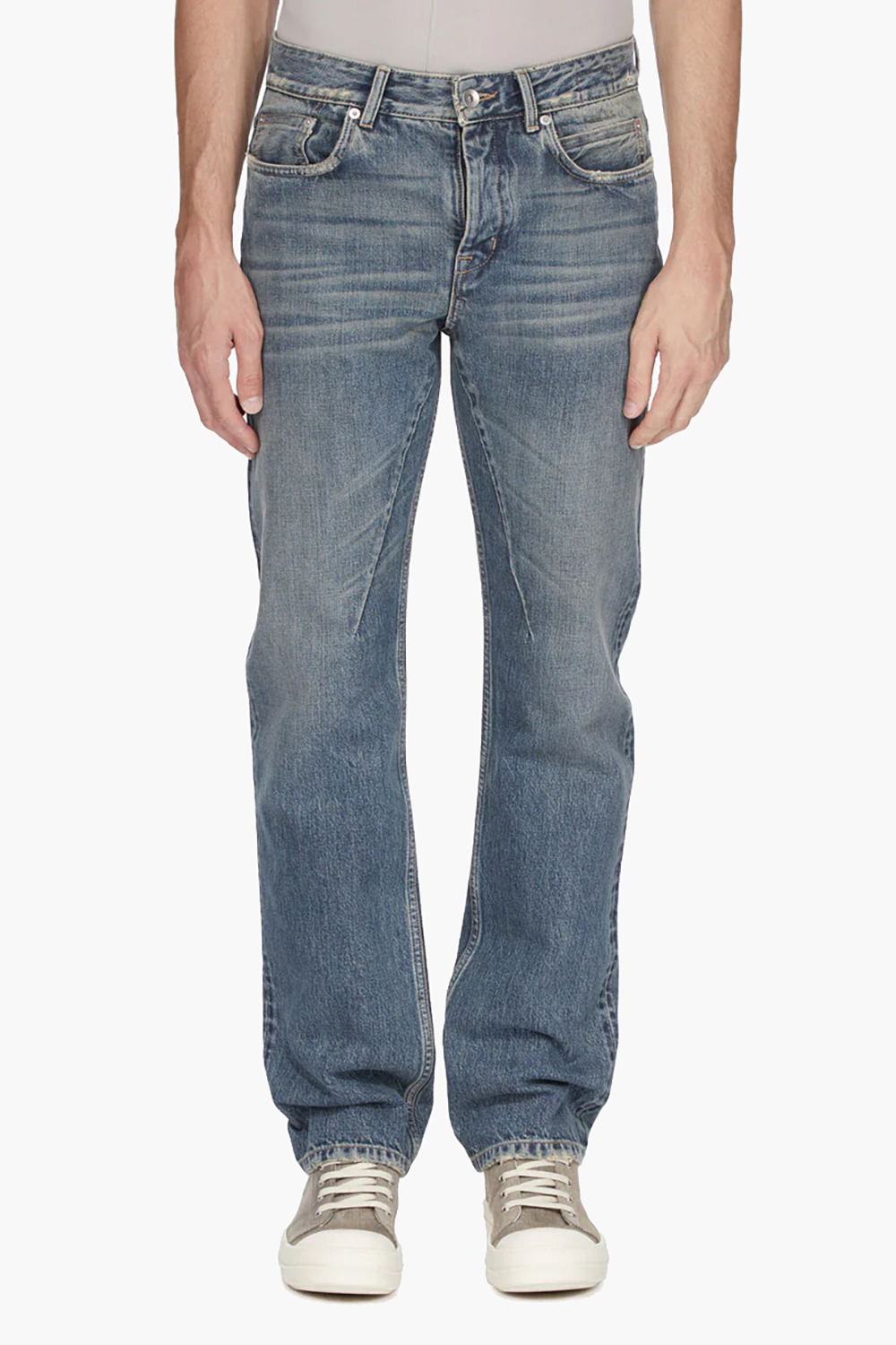 RICK OWENS DRKSHDW Fog Cut Washed Indigo Distressed Cotton Denim Jeans