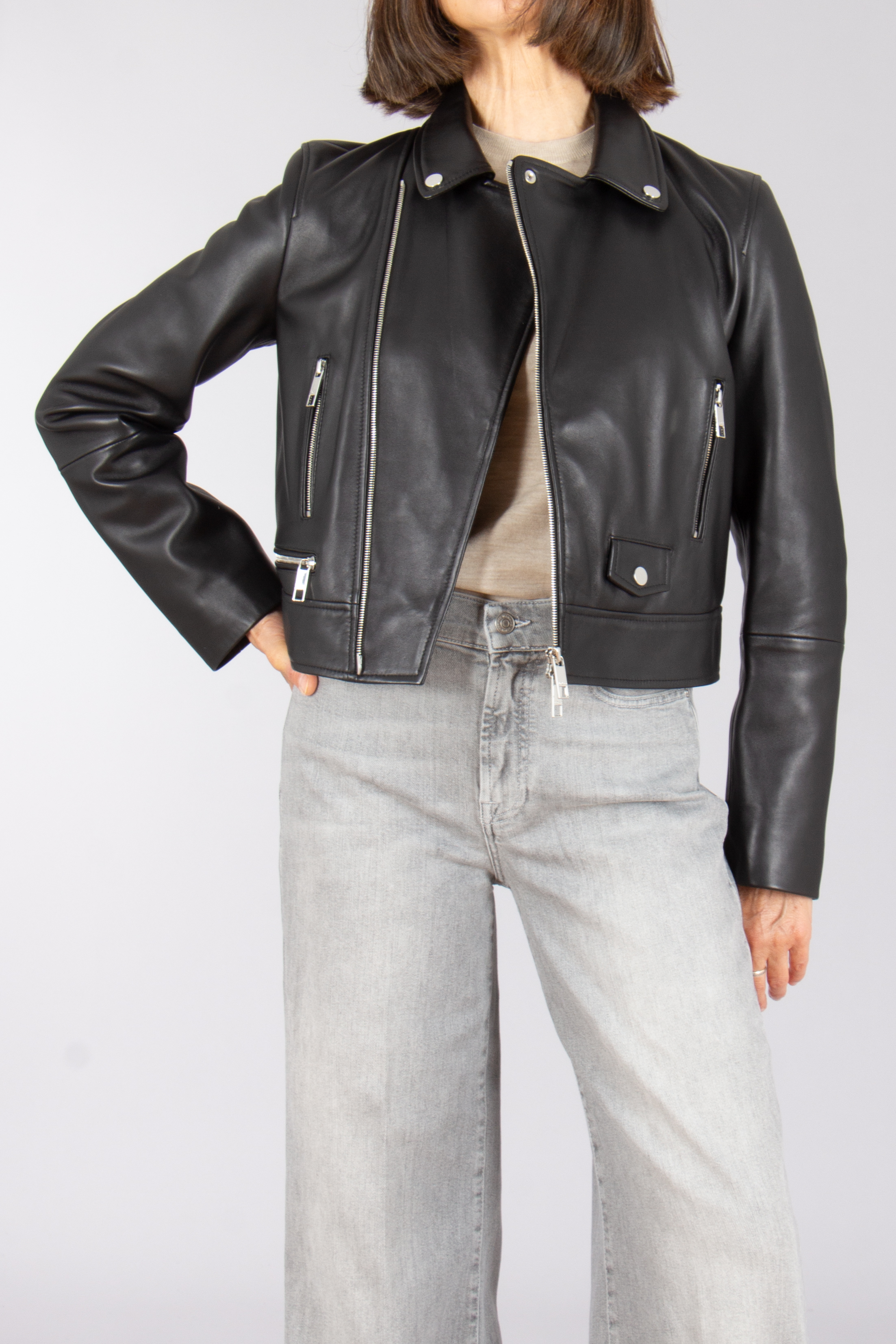 BOSS Cropped Lamb Leather Biker Jacket Sayuri Bekleidung, Mantel, Jacke, Jacke aus Leder, Jeans