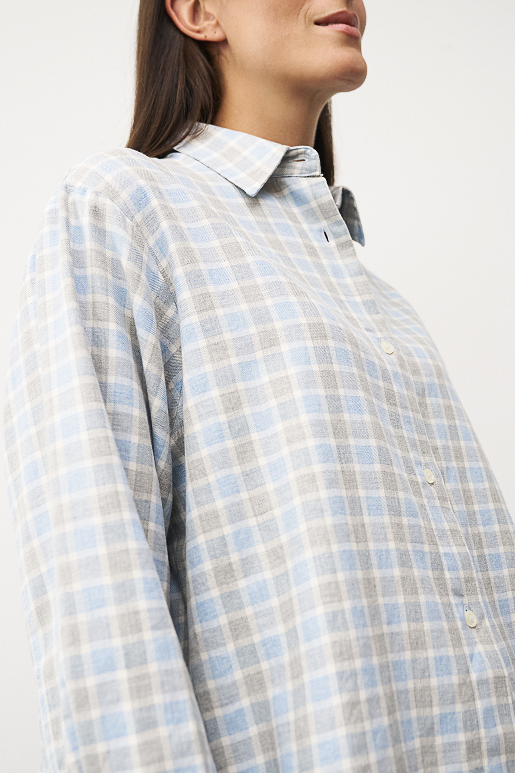 0039 ITALY Oversized Fit Checked Cotton Flannel Blouse Elsa Bekleidung, Hemd, Langarm, Kleid, Hemd, Bluse