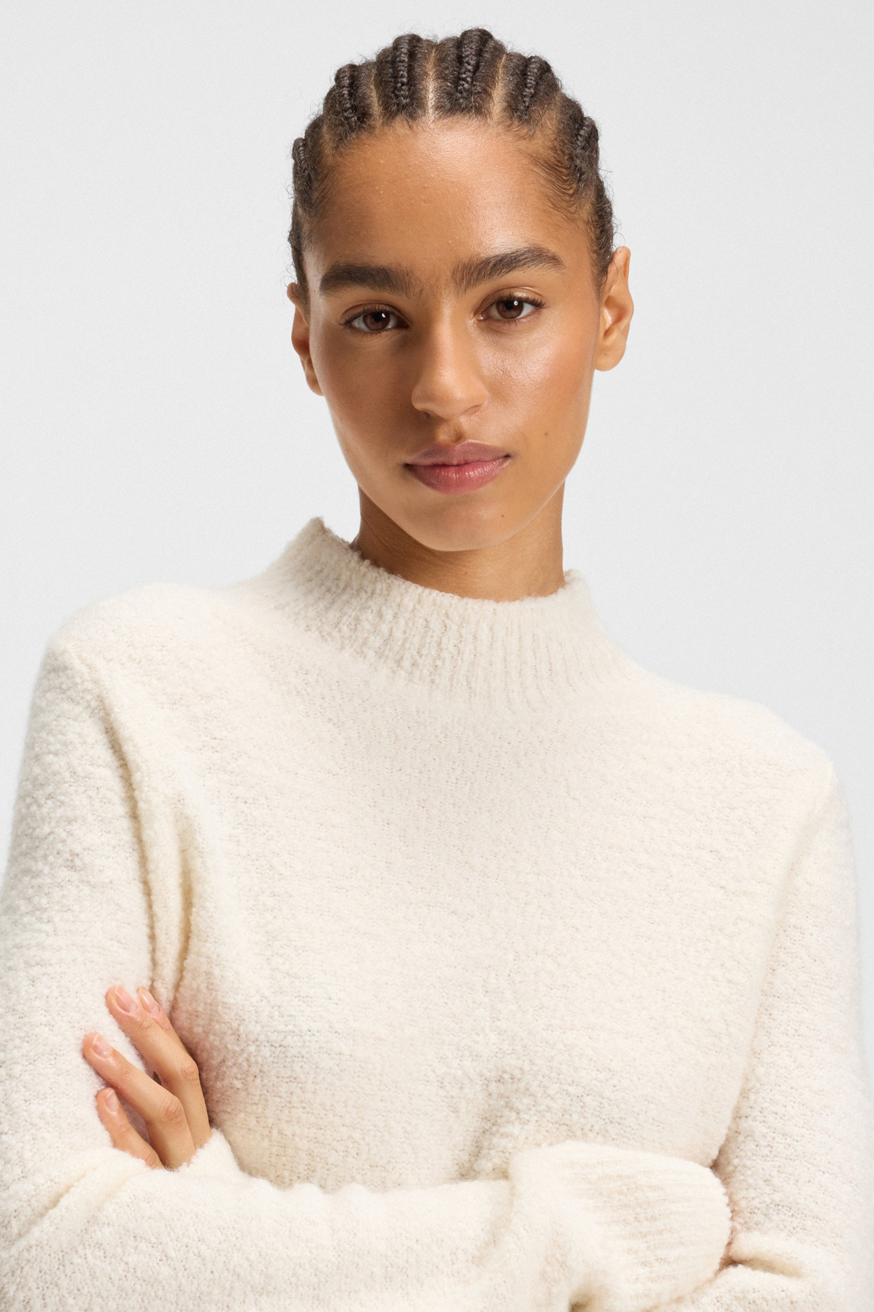 BOSS Regular Fit Wool-Cashmere Bouclé Mock Neck Sweater Fubrina Erwachsener, Weiblich, Person, Frau, Pullover