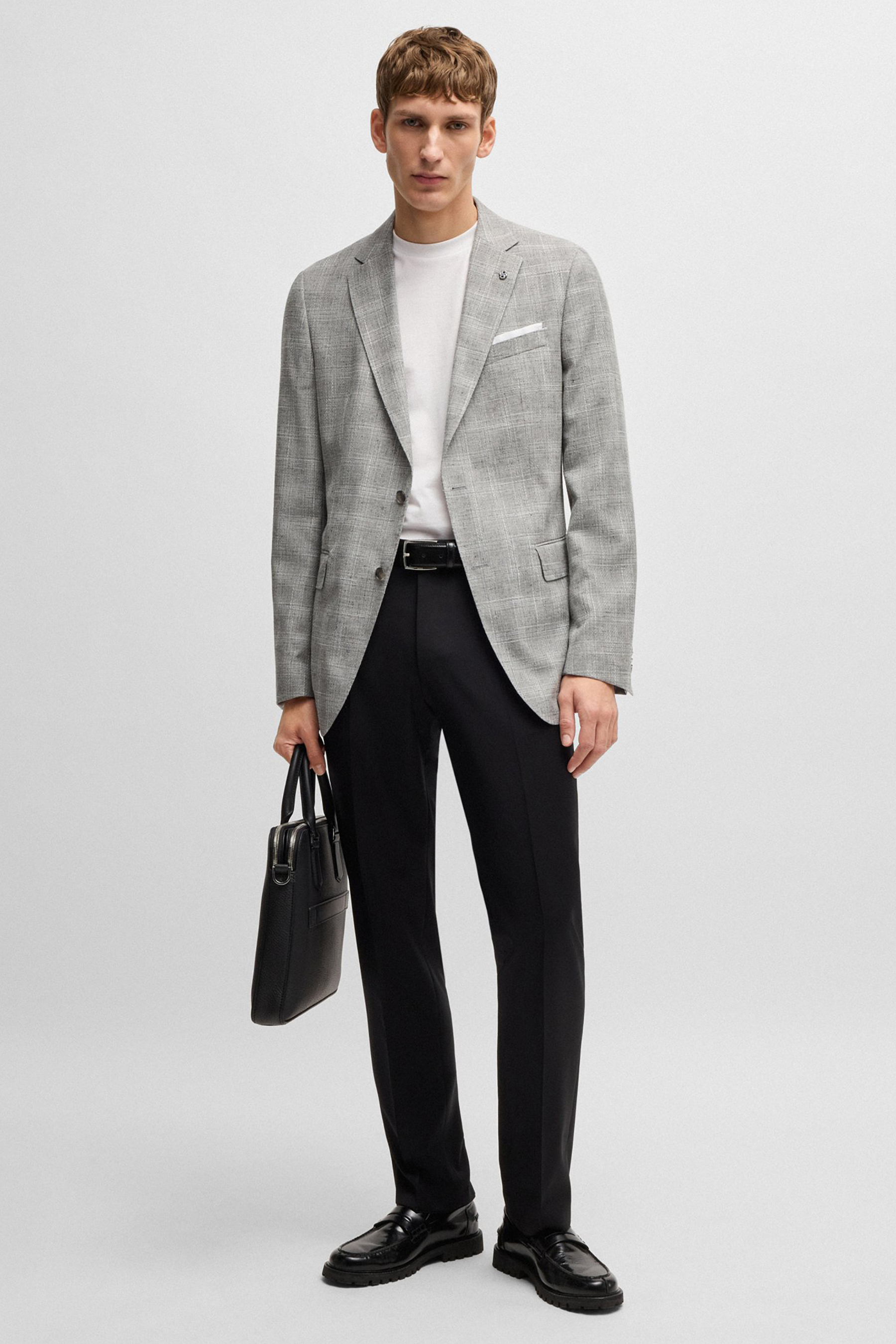 BOSS Slim Fit Checked Virgin Wool-Cotton-Linen Blend Jacket H-Hutson BOSS Slim Fit Checked Virgin Wool-Cotton-Linen Blend Jacket H-Hutson