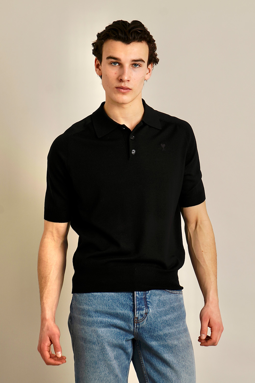 AMI PARIS Regular Fit Ami De Coeur Interlock Wool Knit Polo
