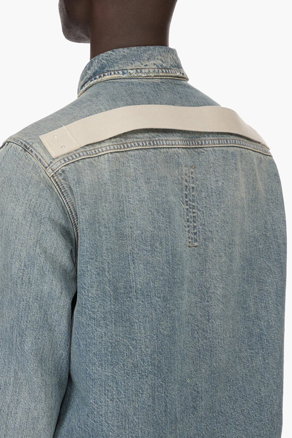 RICK OWENS DRKSHDW Straight Fit Washed Indigo Distressed Cotton Denim Outershirt