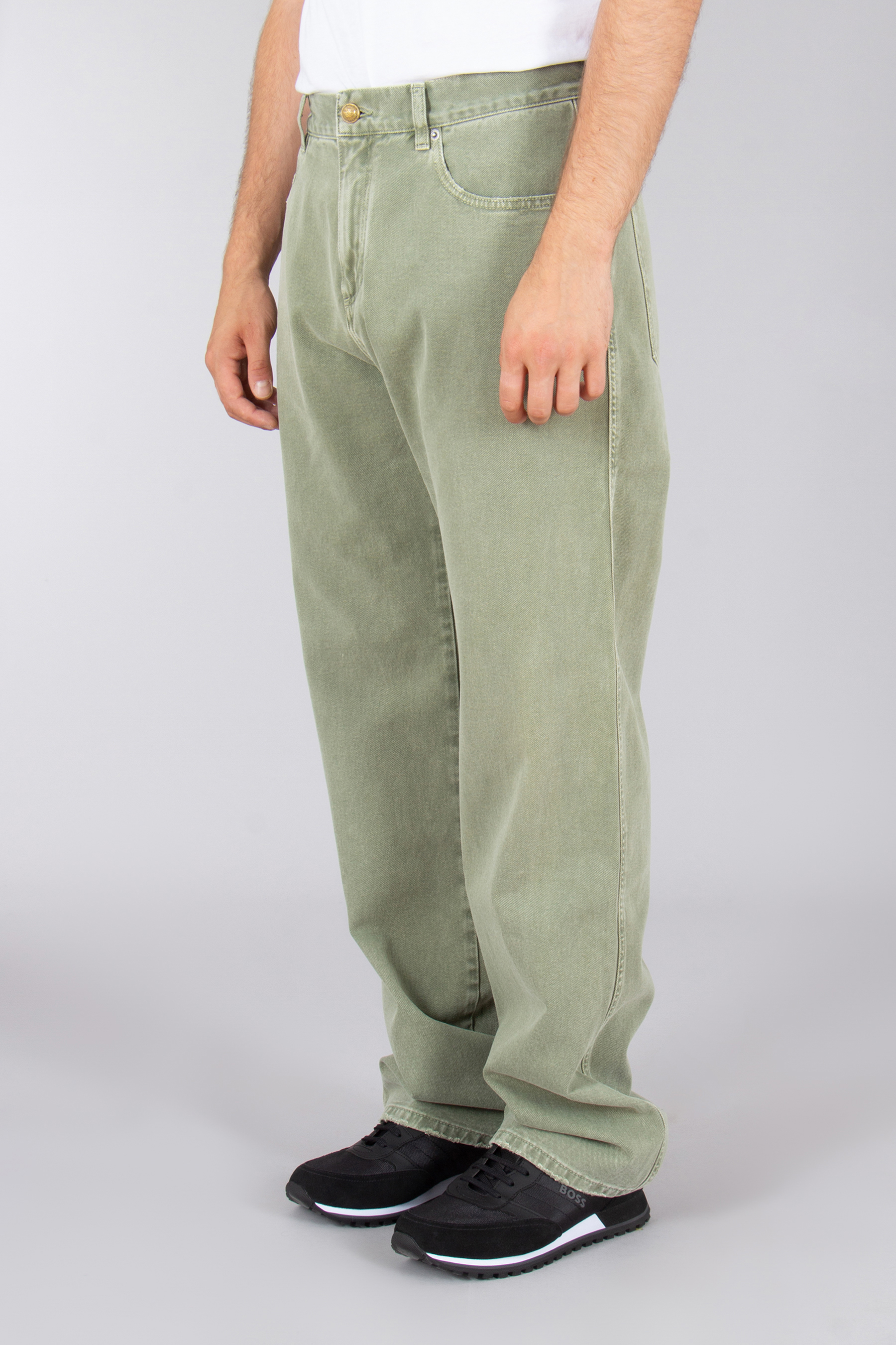 BALMAIN Loose Fit Cotton Denim Jeans Bekleidung, Hosen, Leinen, Khaki, Person