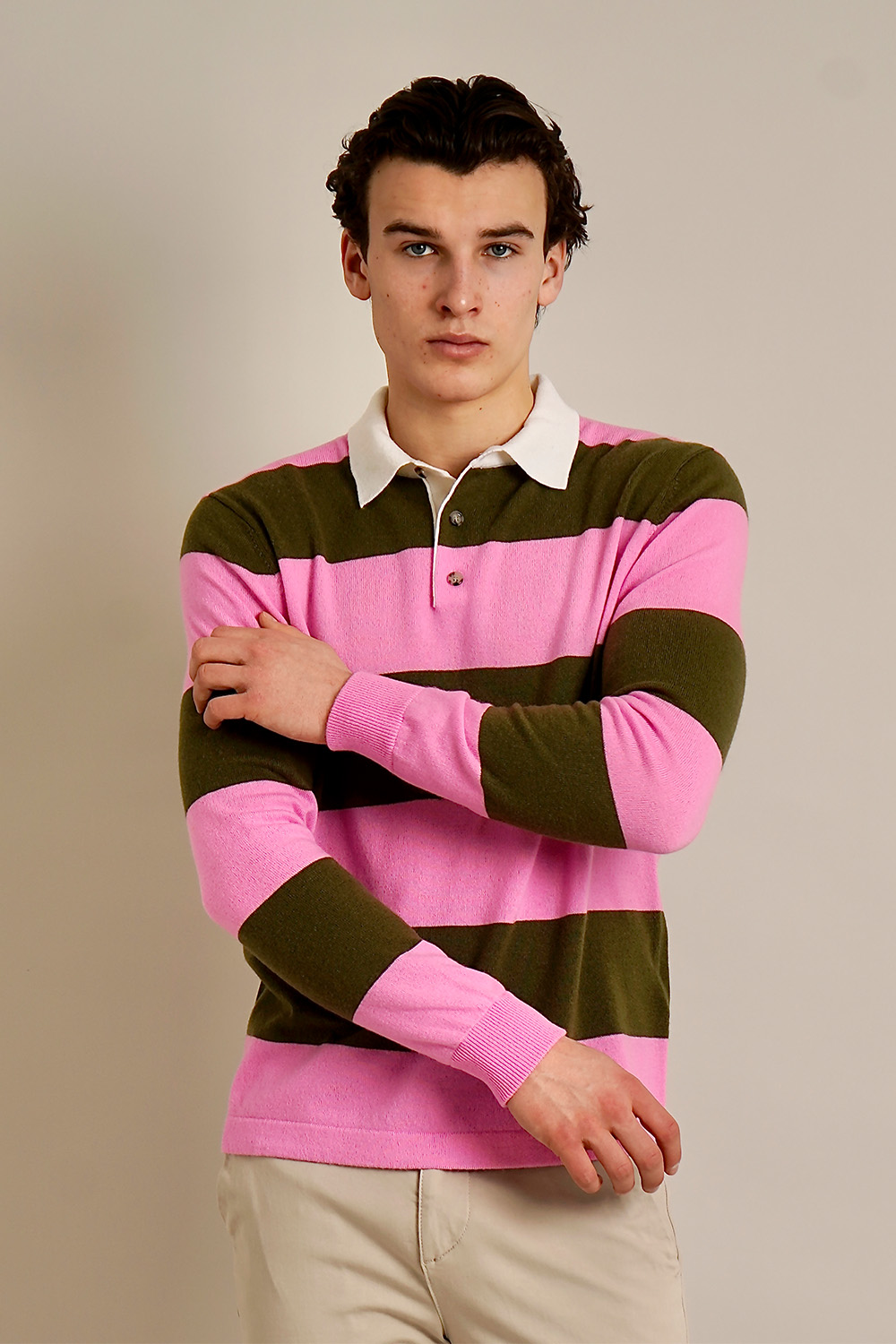 ALLUDE Regular Fit Striped Virgin Wool-Cashmere Blend Knit Rugby Shirt