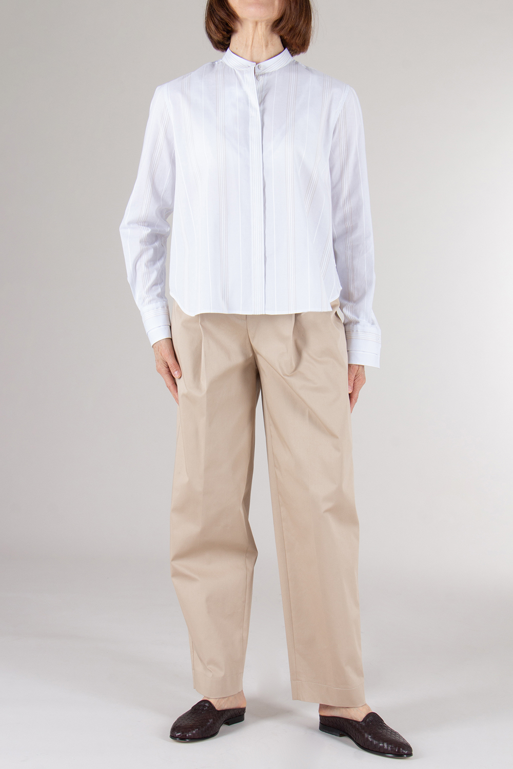 BOSS Boxy Fit Stand collar Striped Cotton Blouse 