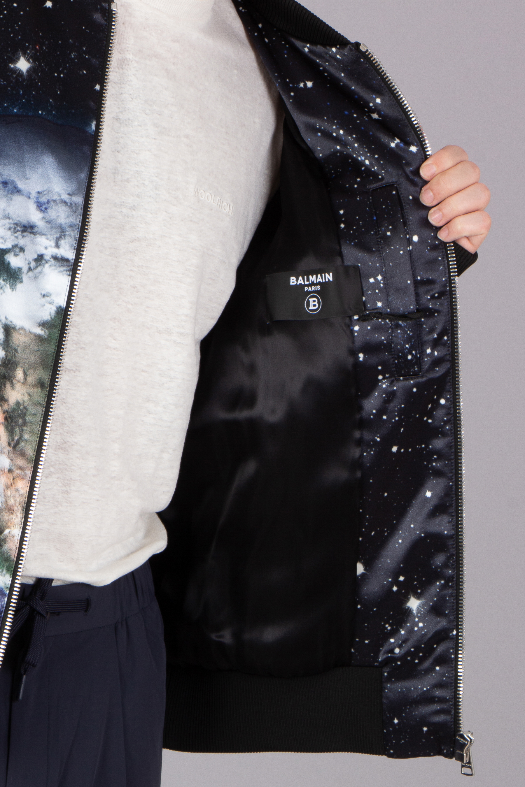 BALMAIN Classic Fit Printed Satin Bomber Jacket BALMAIN Classic Fit Printed Satin Bomber Jacket