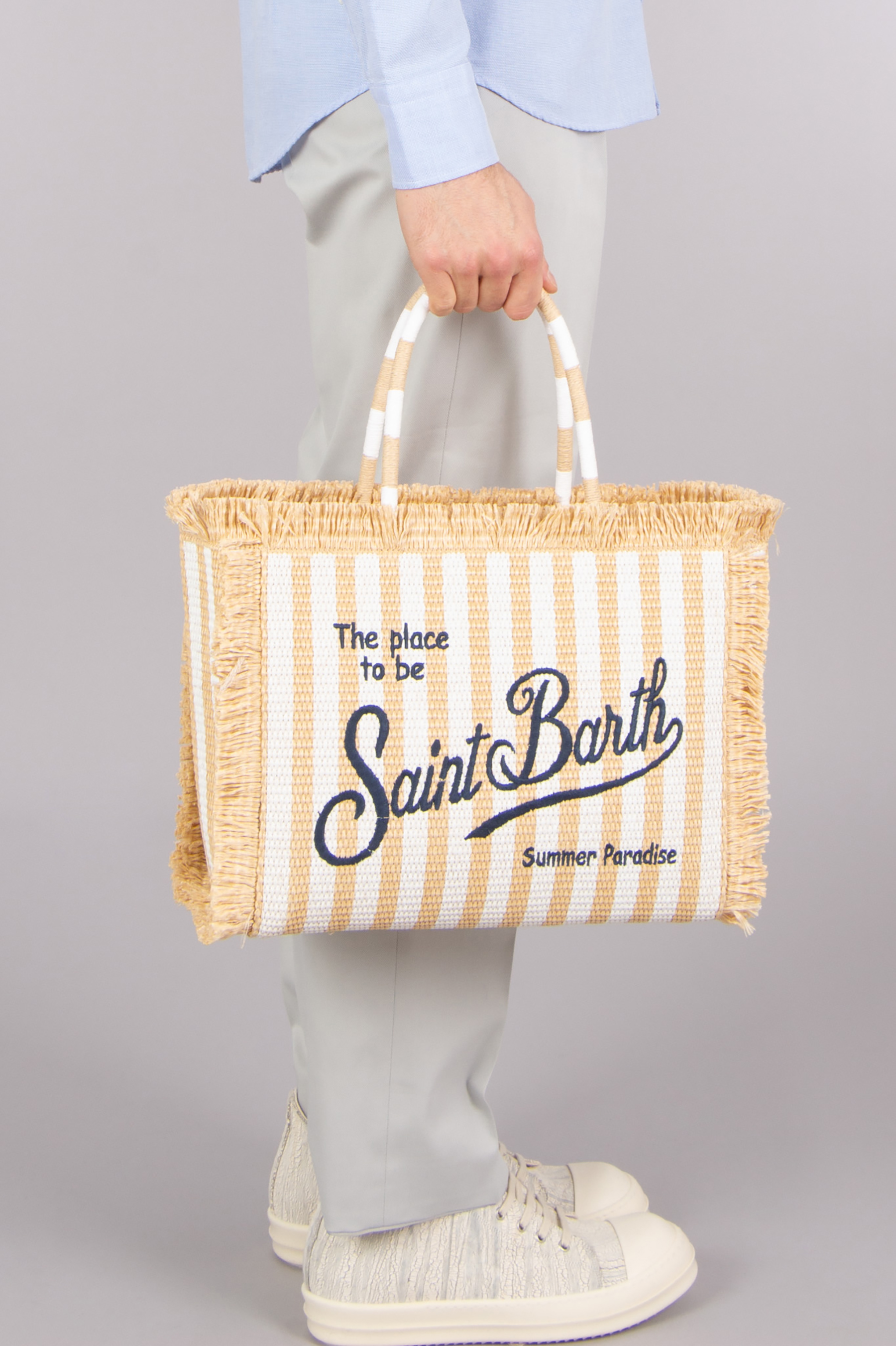 MC 2 SAINT BARTH Embroidered Stipes Vanity Straw Tote Bag