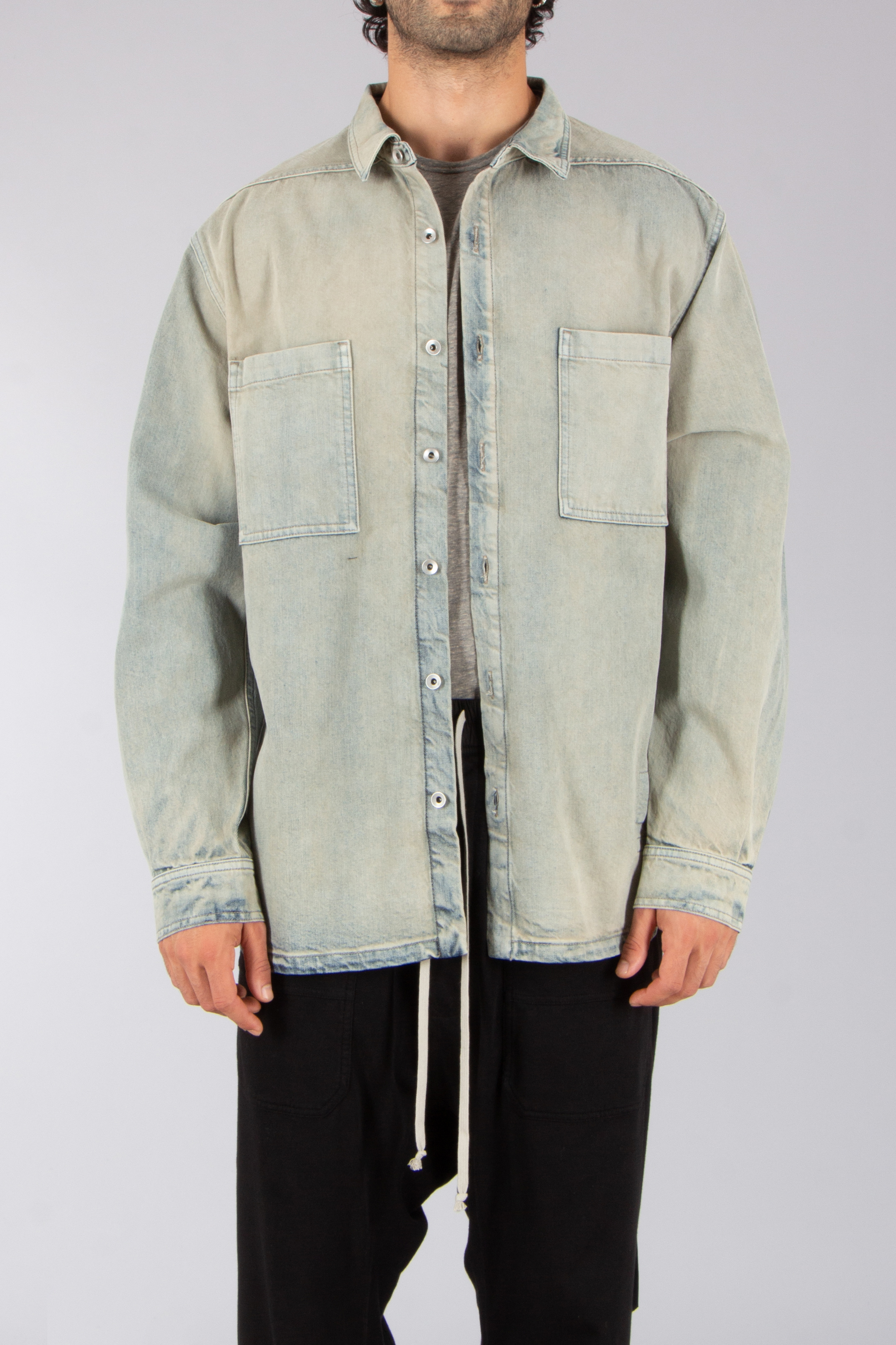 RICK OWENS DRKSHDW Oversized Fit Mineral Pearl Cotton Denim Jumbo Outershirt Hosen, Langarm, Hemd, Leinen, Mantel