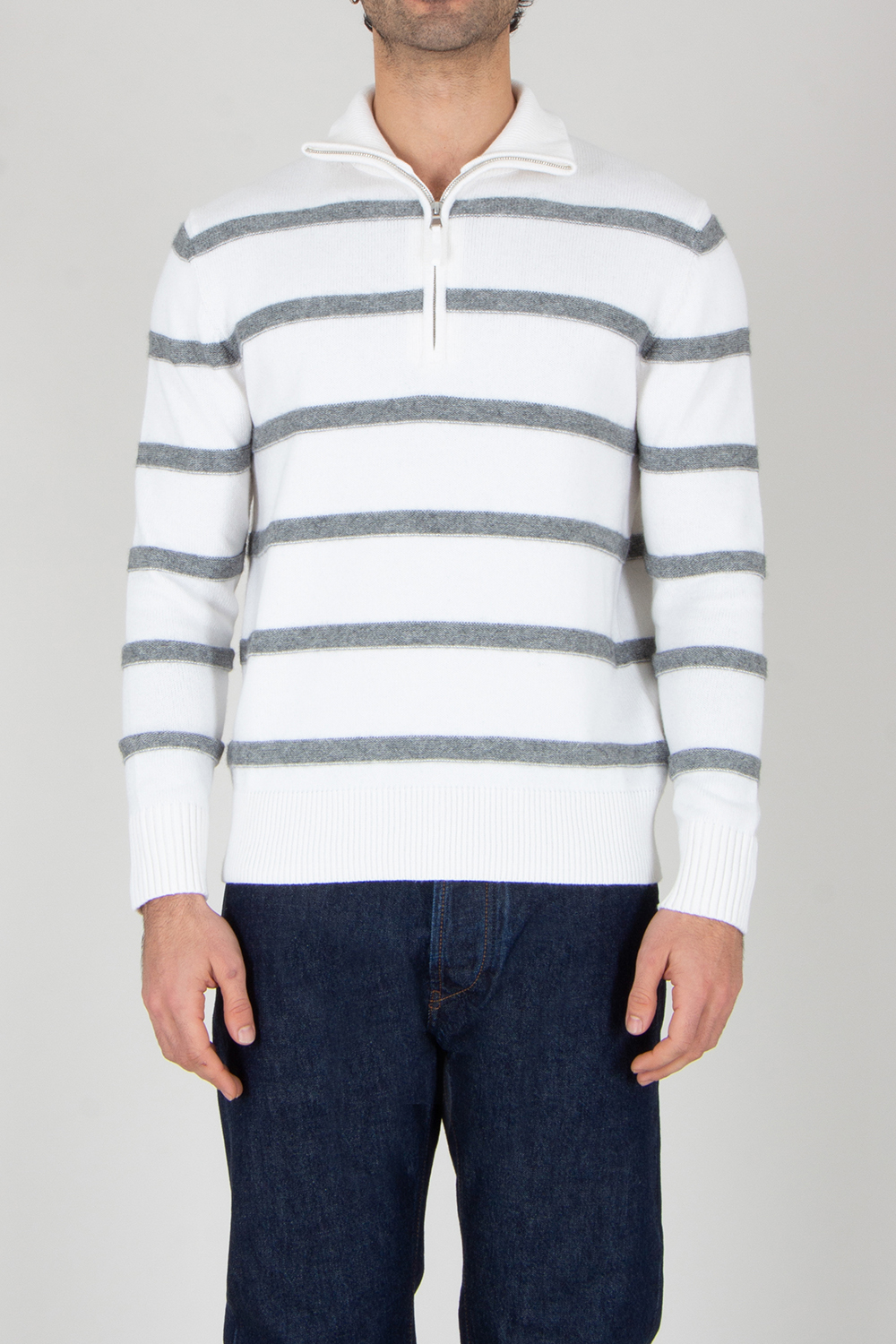 ALLUDE Regular Fit Striped Cotton-Cashmere Blend Quarter-Zip Mock Neck Sweater