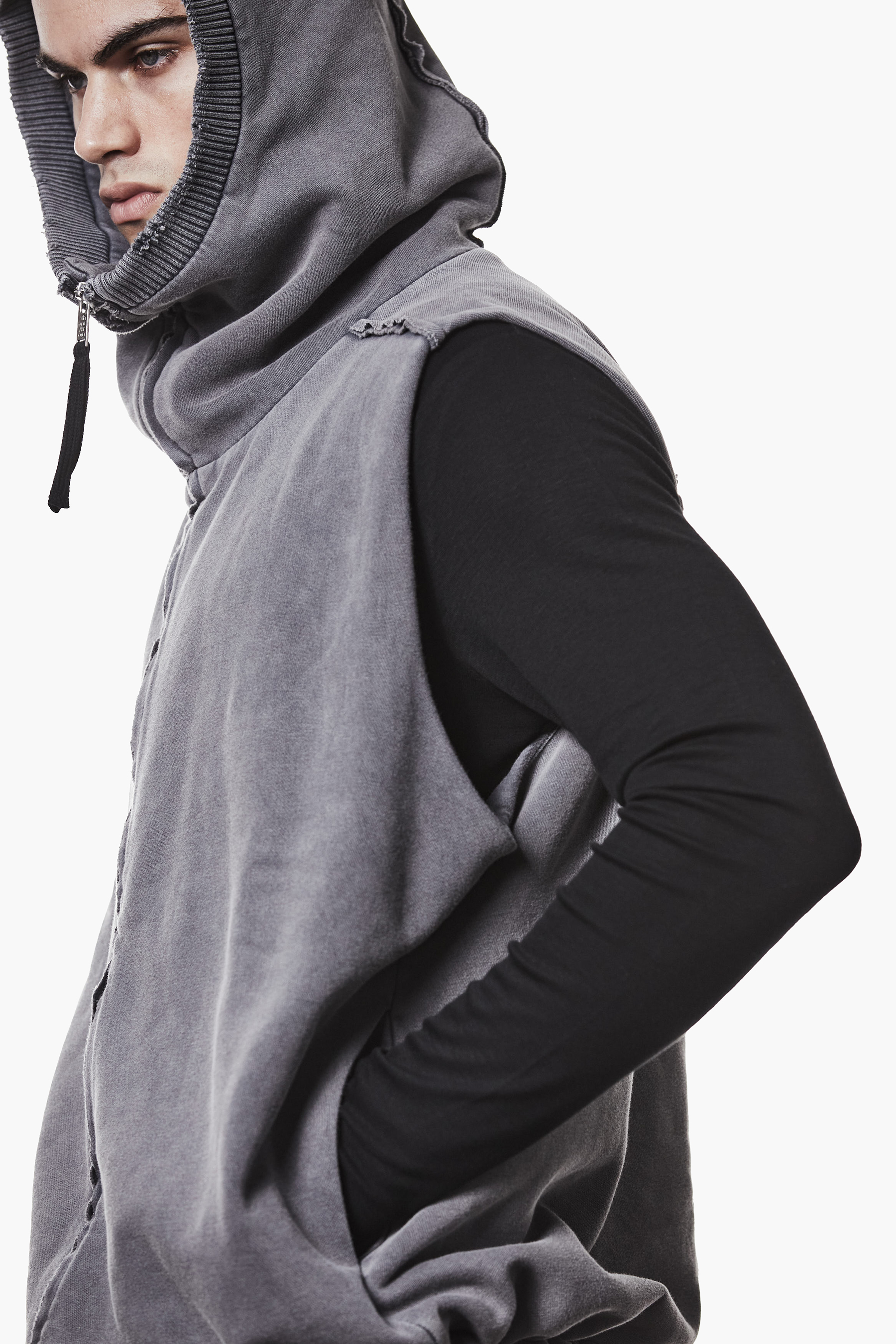 THOM KROM Loose Fit Cotton Blend Sweat Hooded Long Vest Vlies, Kapuze, Kapuzenpulli, Pullover, Sweatshirt