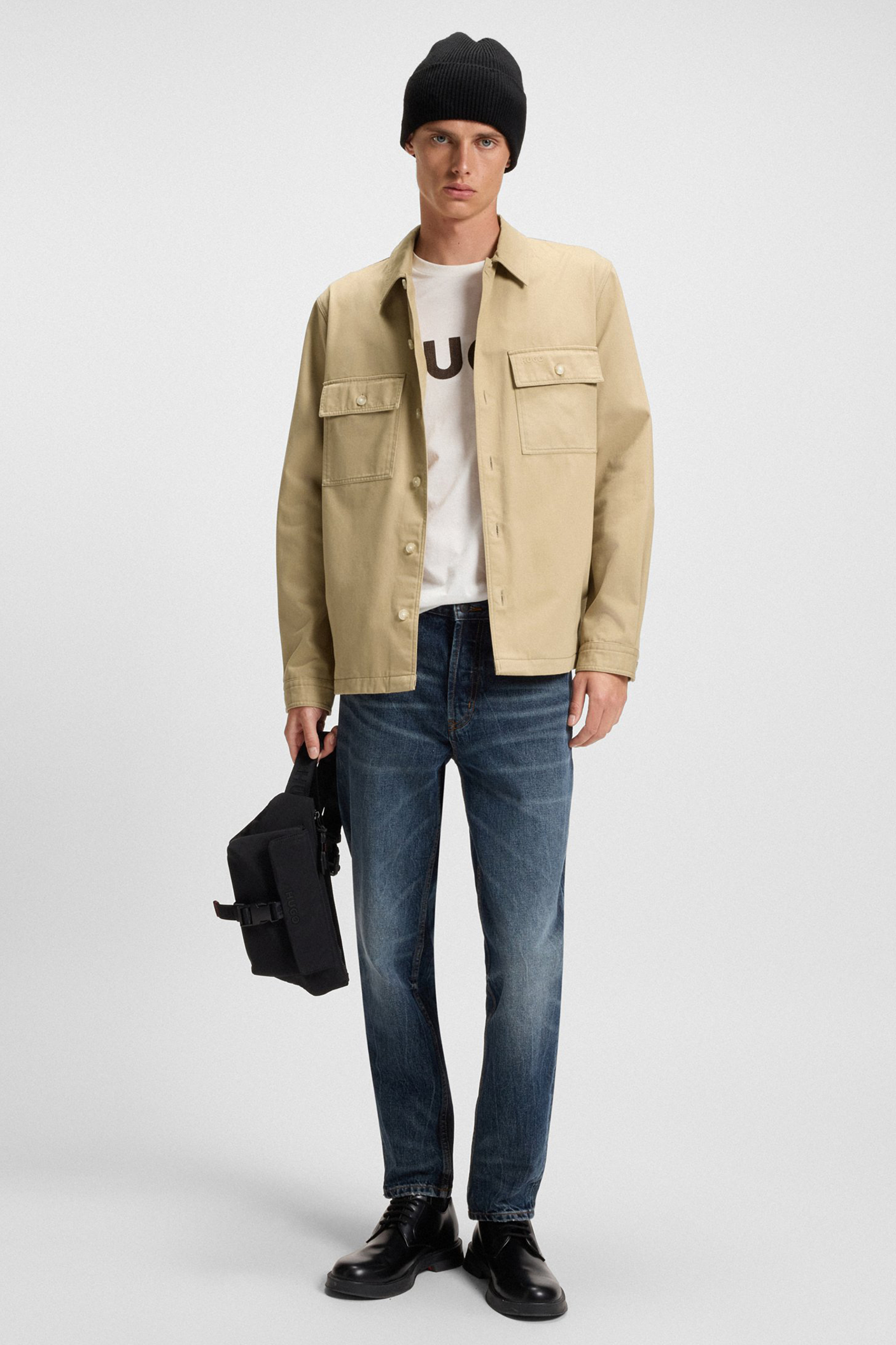 HUGO Oversized Fit Cotton Gabardine Overshirt Epoldo Mantel, Blazer, Jacke, Mann, Person