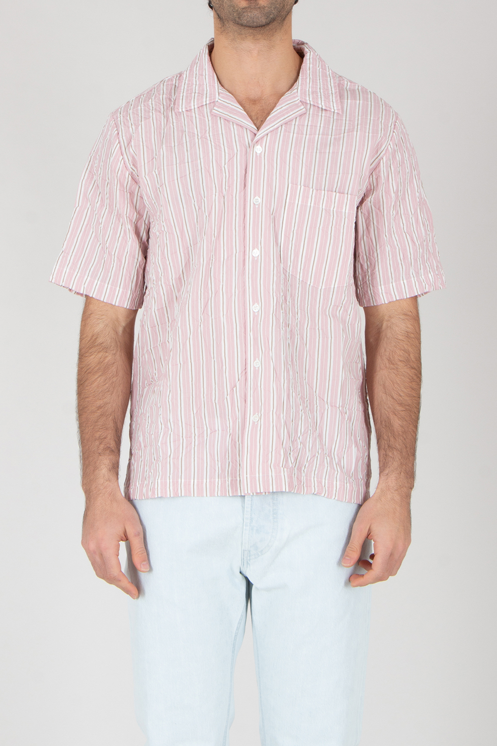 ROBERTO COLLINA Boxy Fit Striped Wrinkle Effect Viscose Blend Short-Sleeve Shirt