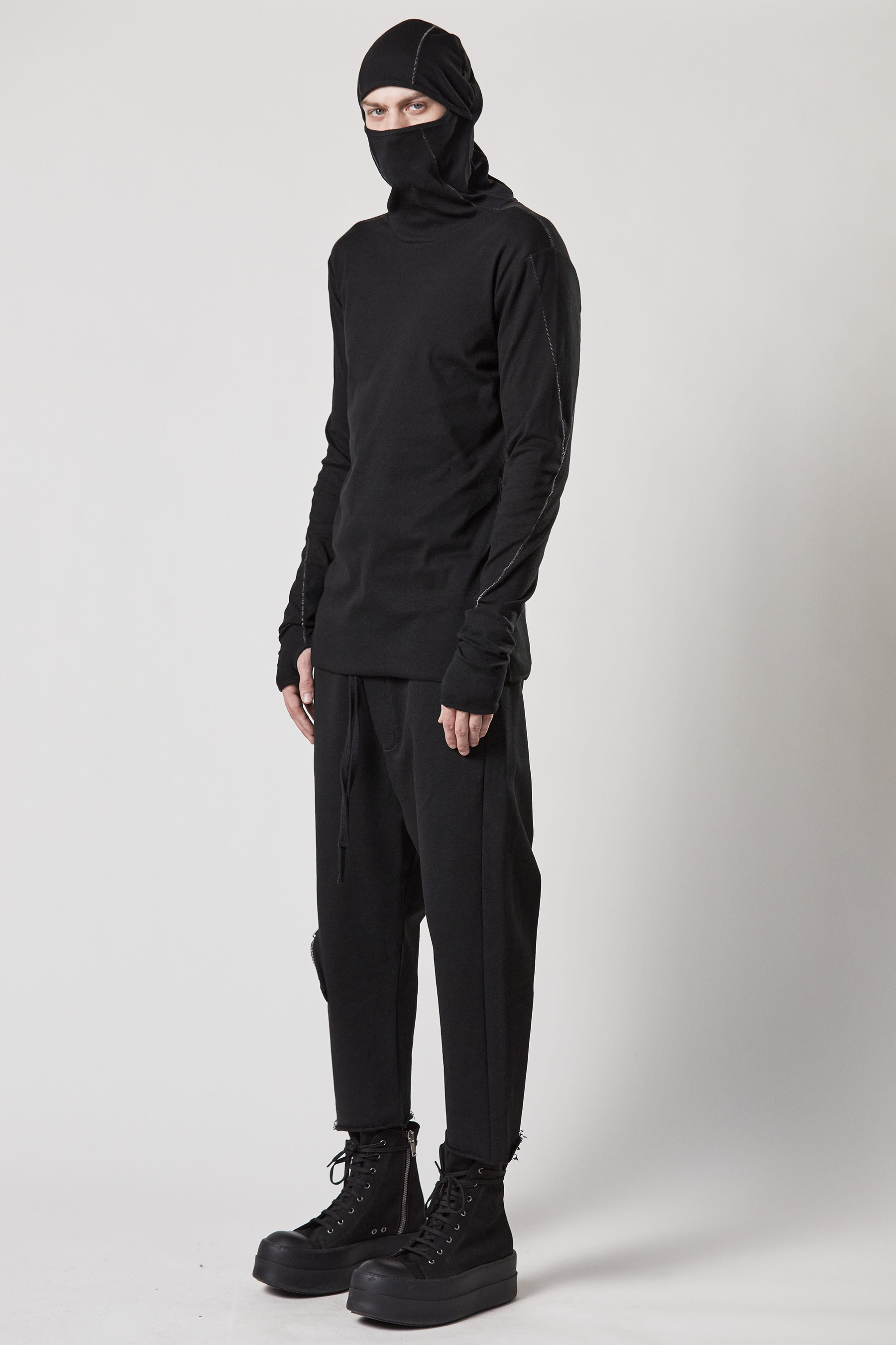 THOM KROM Balaclava Hooded Ribbed Cotton Stretch Long Sleeve T-Shirt THOM KROM Balaclava Hooded Ribbed Cotton Stretch Long Sleeve T-Shirt
