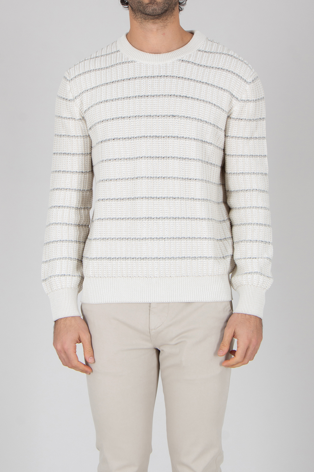 BRIONI Regular Fit Checked Structure Cotton-Linen Blend Crew Neck Sweater