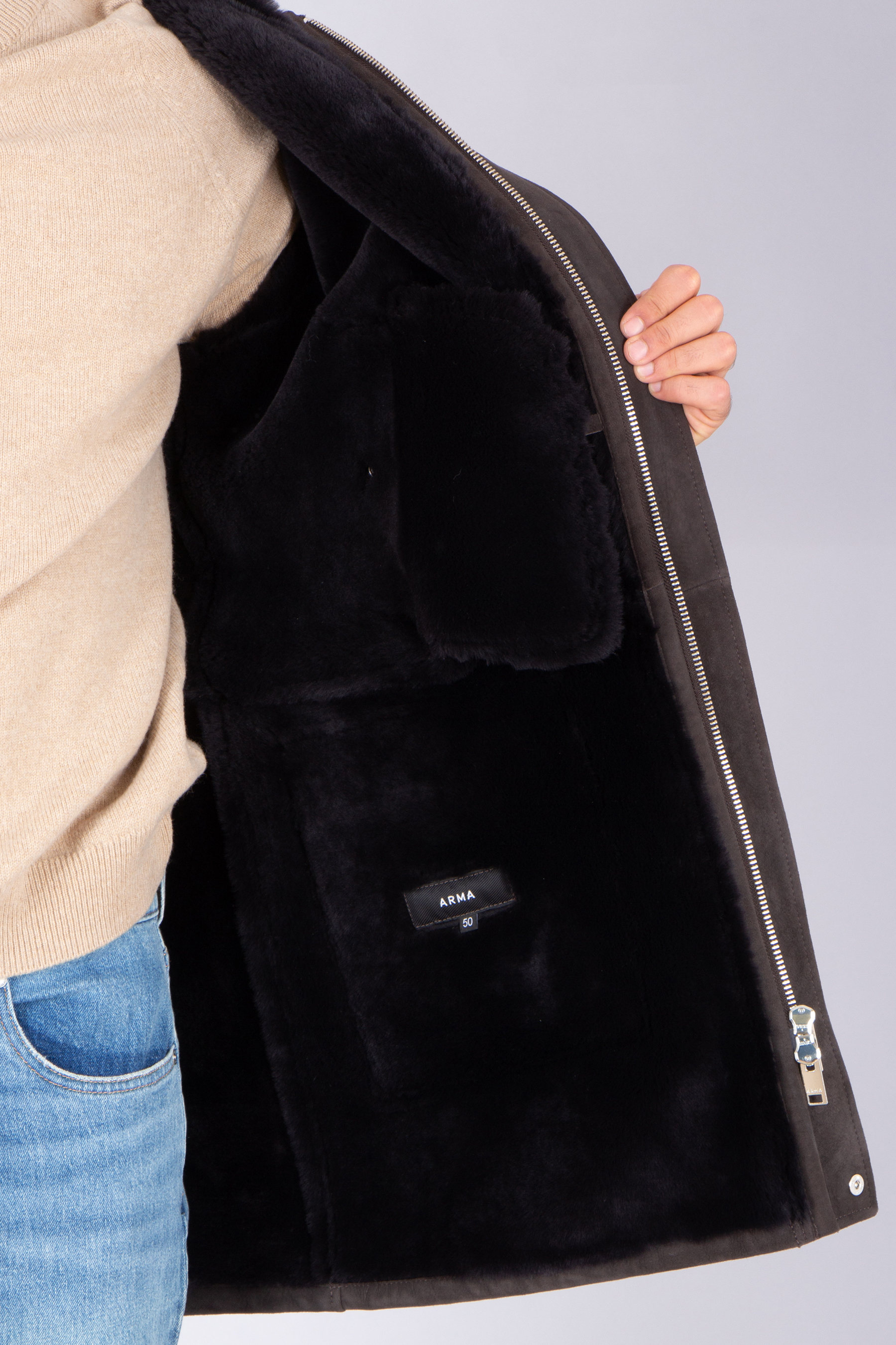 ARMA Regular Fit Shearling Suede Coat Mias Samt, Kleidung, Fleece, Mantel, Jacke