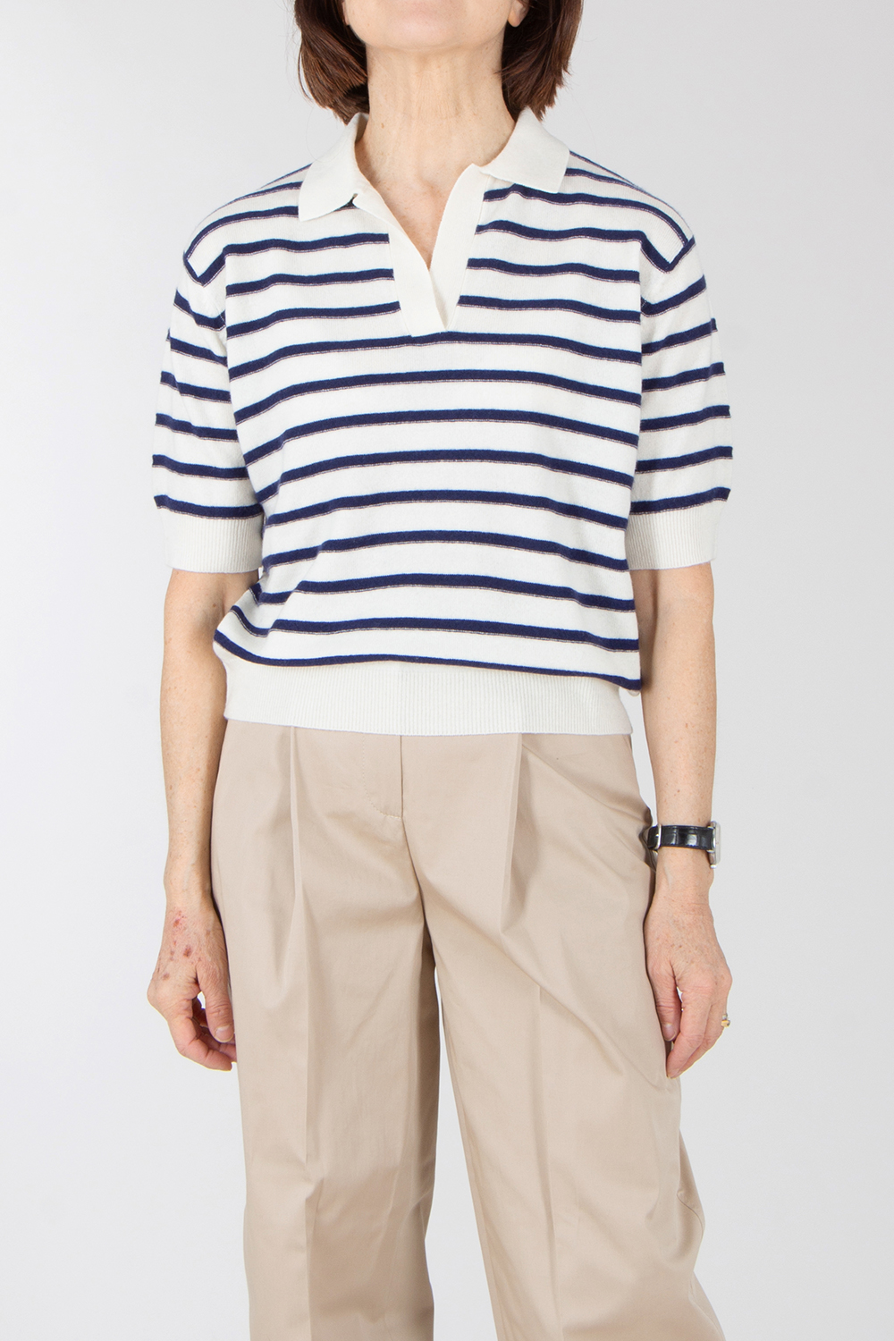 0039 ITALY Casual Fit Striped Cashmere-Wool Blend Knit Polo Iris