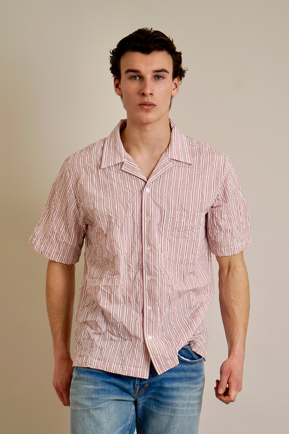 ROBERTO COLLINA Boxy Fit Striped Wrinkle Effect Viscose Blend Short-Sleeve Shirt